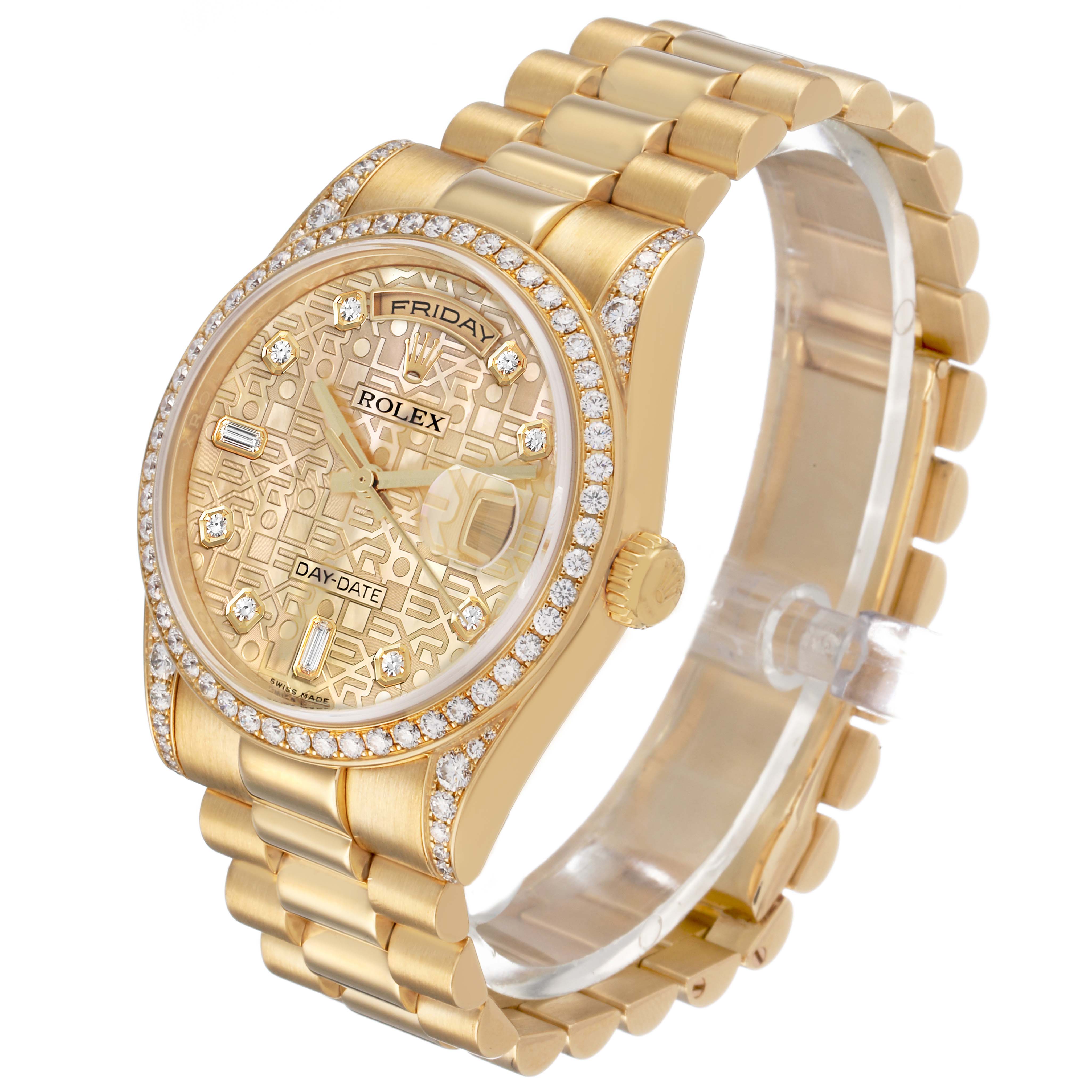 The Rolex President 118388 Men's Yellow Gold Mother of Pearl Dial watch is shown at an angled view, highlighting the dial, bezel, crown, and bracelet.