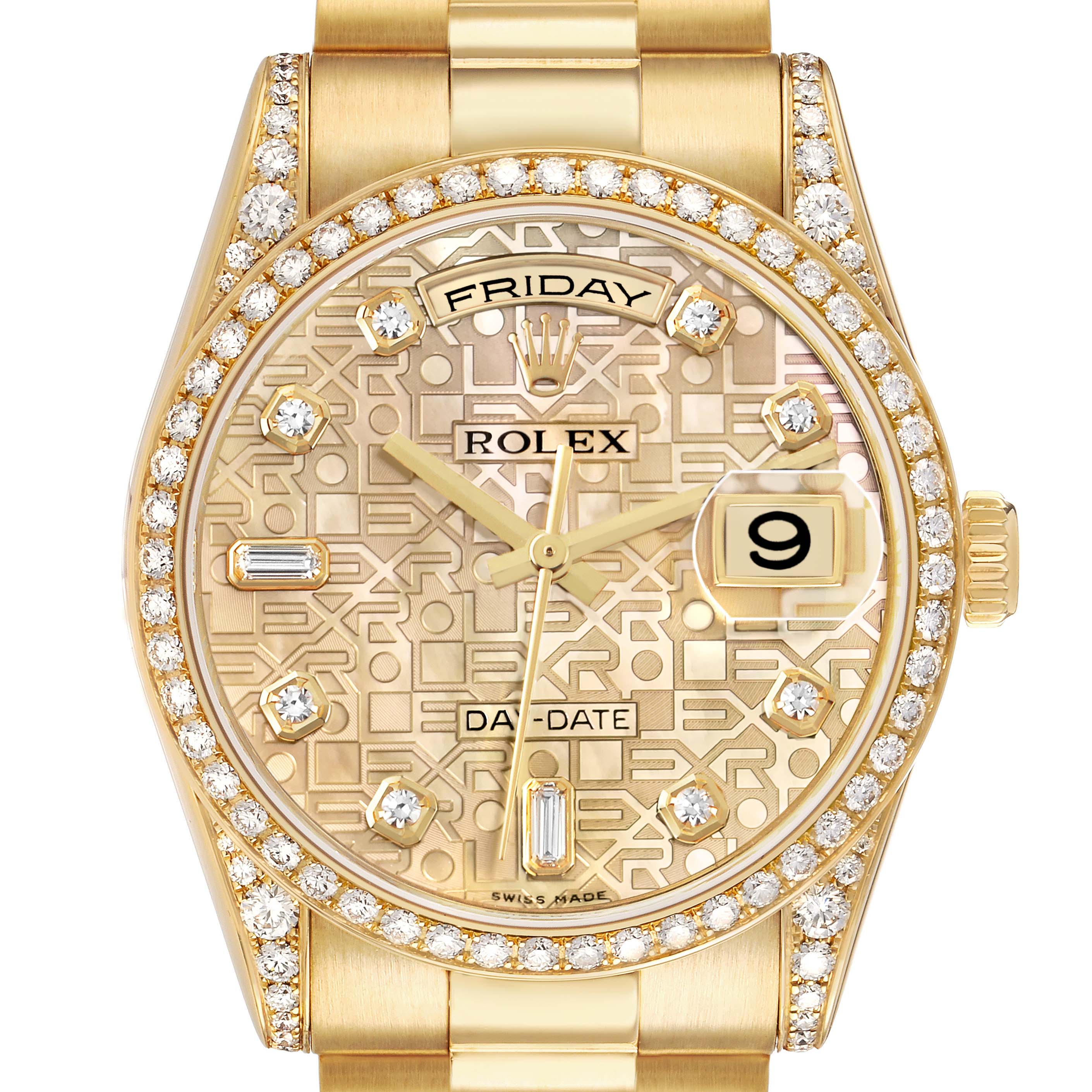 The Rolex President 118388 Men's Yellow Gold Mother of Pearl Dial model is shown from a front angle, highlighting the face, bezel, and part of the bracelet.