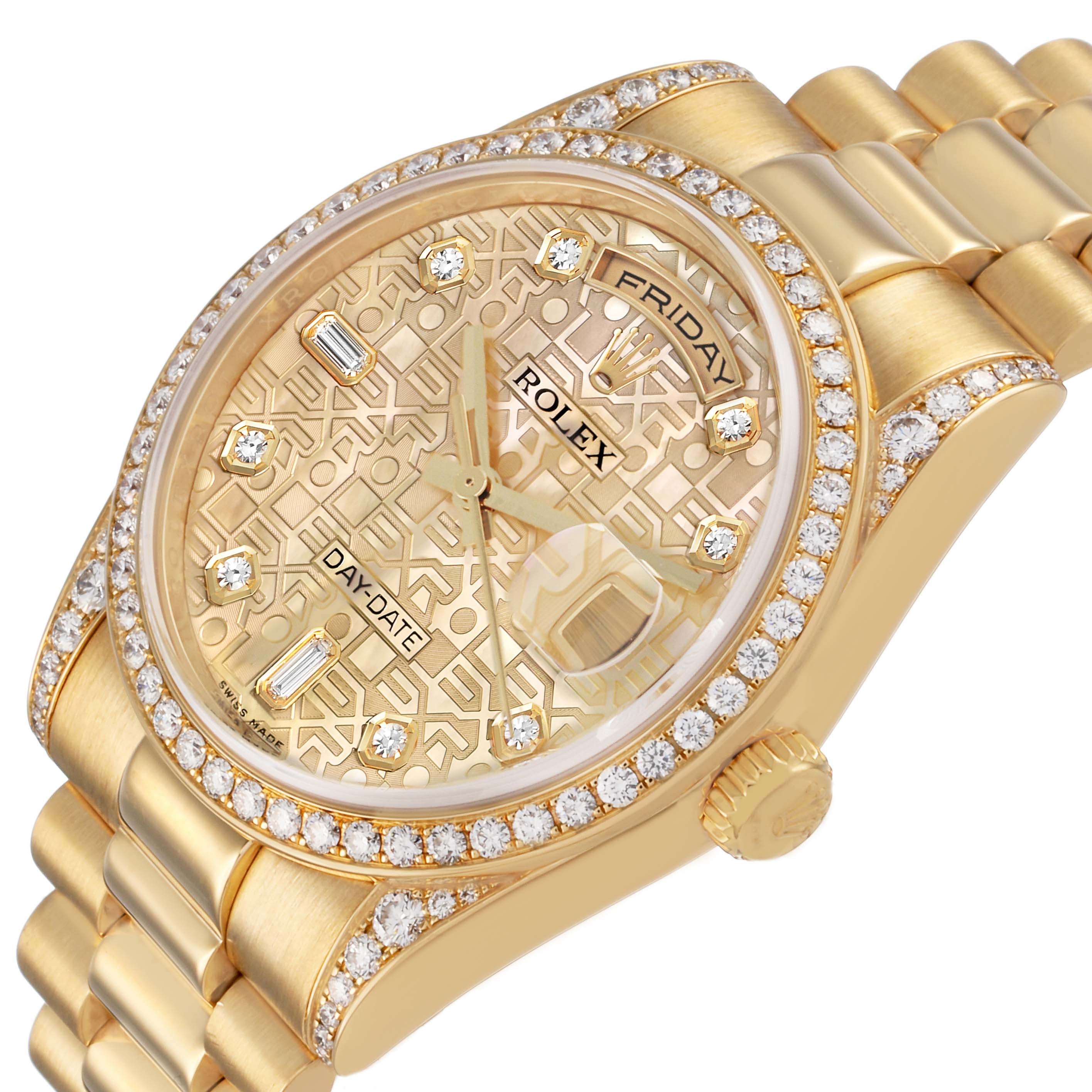 The Rolex President 118388 Men's Yellow Gold Mother of Pearl Dial watch is shown at an angle highlighting the face, bezel, and part of the bracelet.