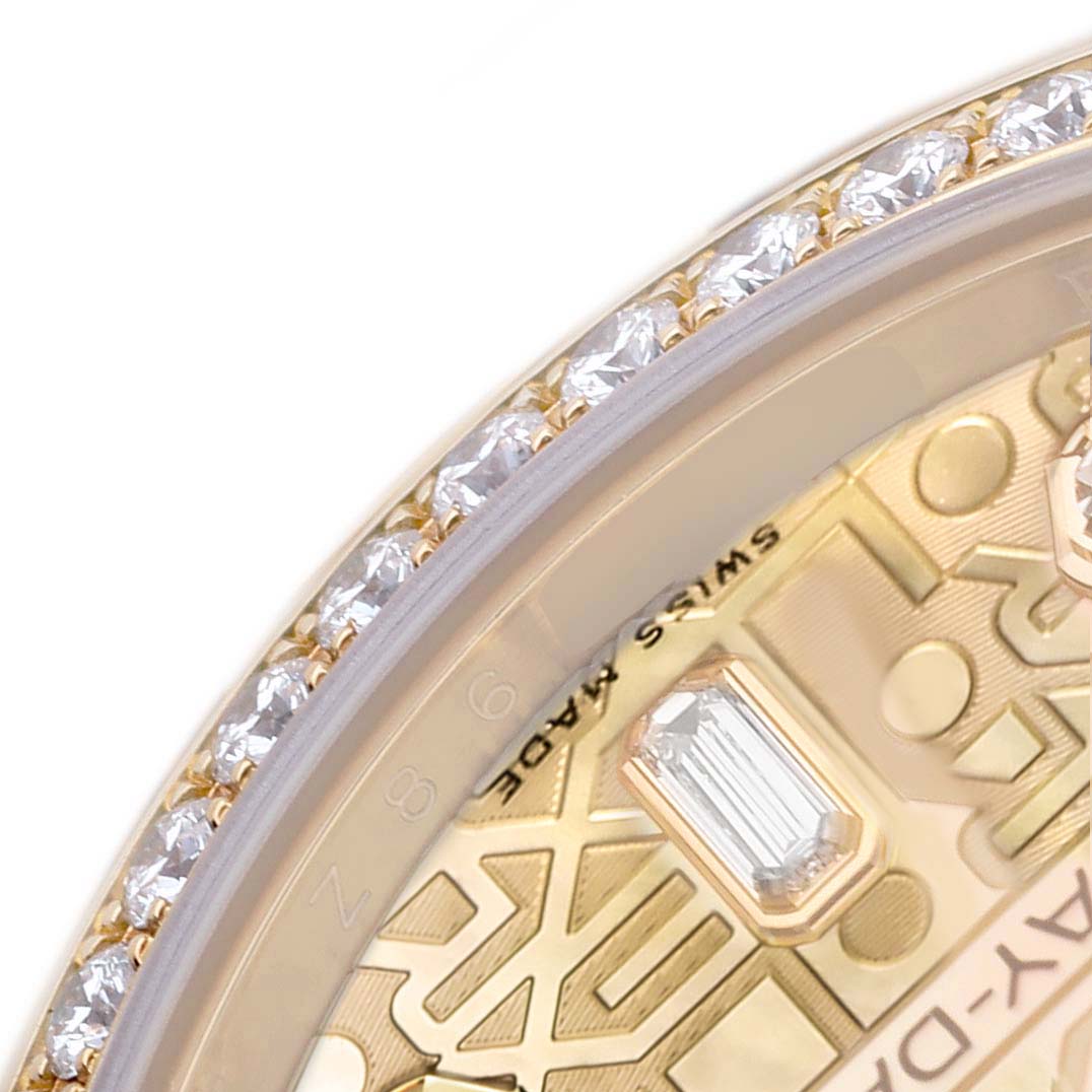 The image shows a close-up of the bezel and part of the dial of a Rolex President 118388 Men's Yellow Gold Mother of Pearl Dial watch, highlighting the diamonds and intricate design.