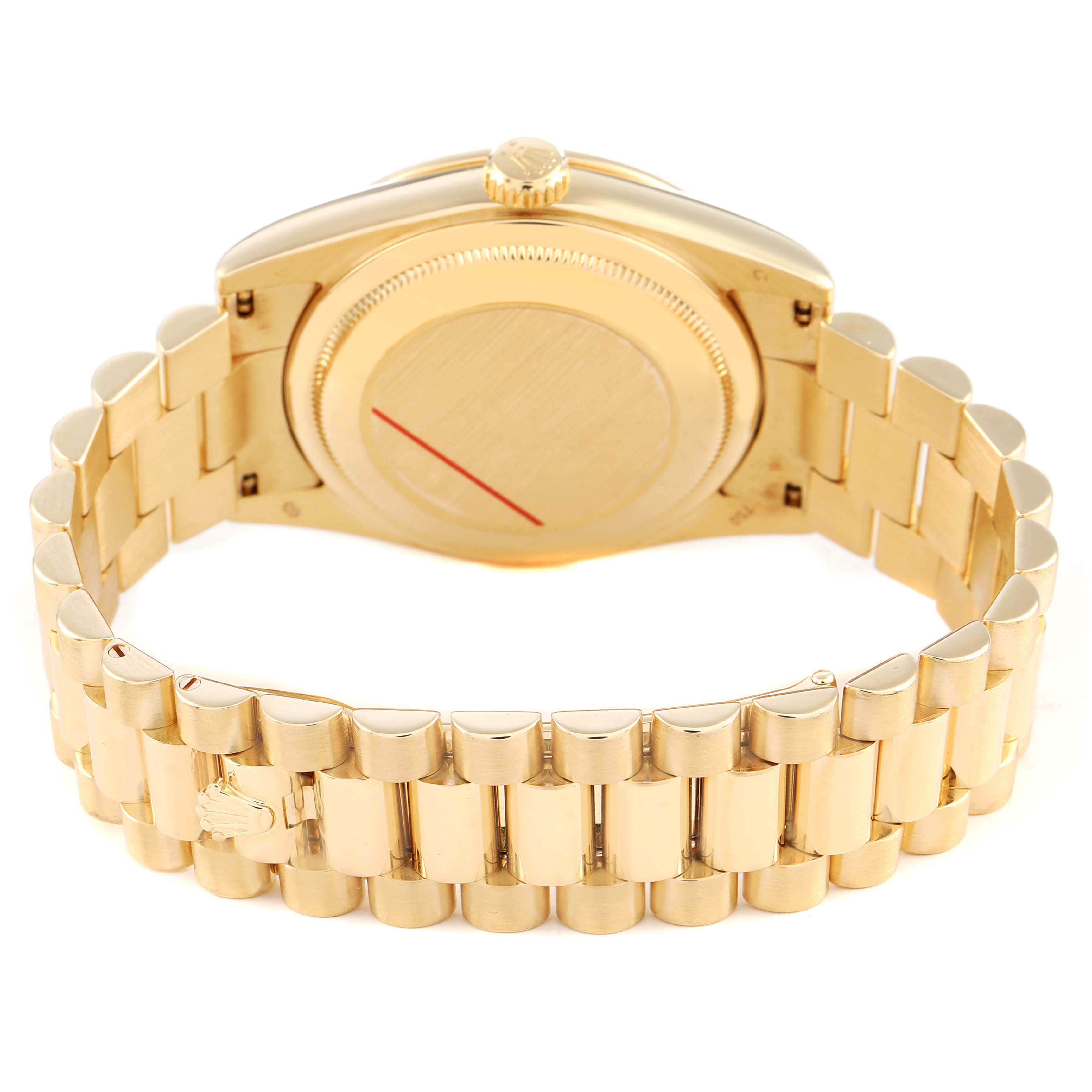 The image shows the back and bracelet of a Rolex President 118388 Men's Yellow Gold Mother of Pearl Dial watch, highlighting the solid gold links and case back.