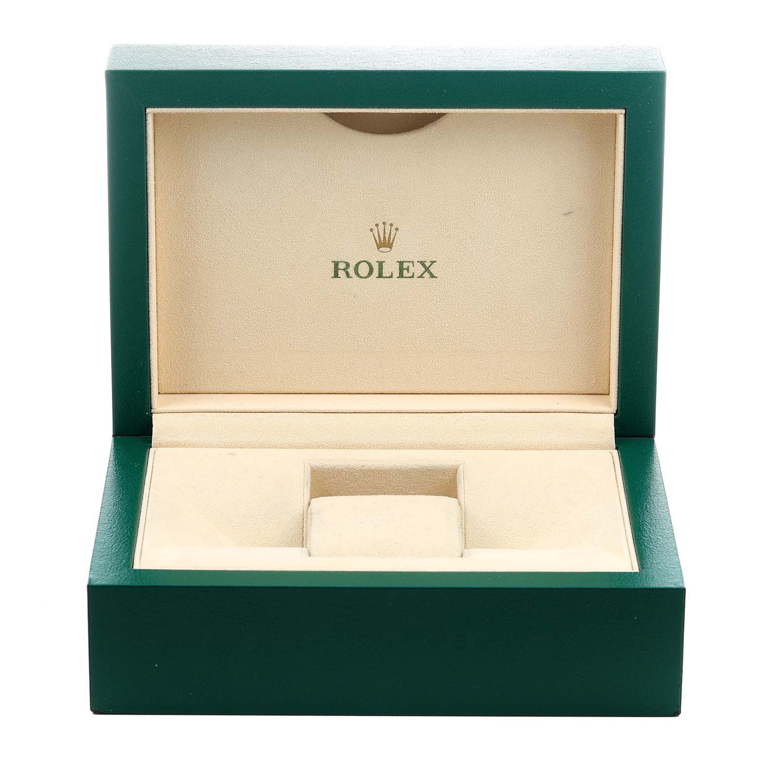 The image shows an open Rolex President 118388 Men's Yellow Gold Mother of Pearl Dial model watch box from a front angle.
