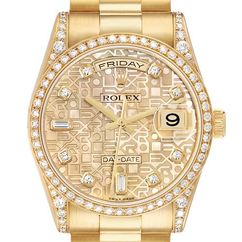The Rolex President 118388 Men's Yellow Gold Mother of Pearl Dial model is shown from a top-down angle, featuring its dial, bezel, crown, and bracelet.
