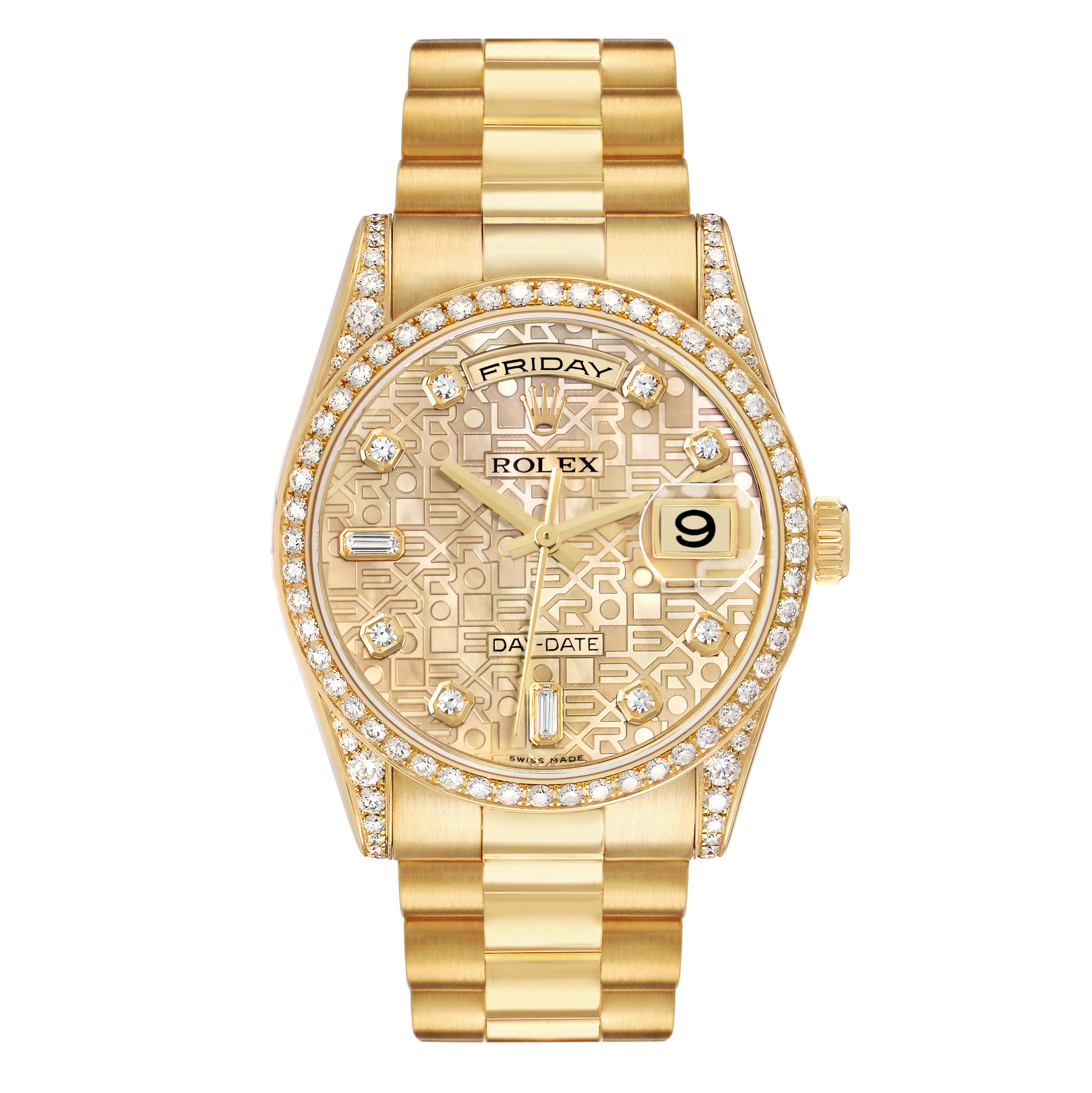 The Rolex President 118388 Men's Yellow Gold Mother of Pearl Dial watch is shown from the front, highlighting its gold bracelet, diamond bezel, and detailed day-date dial.