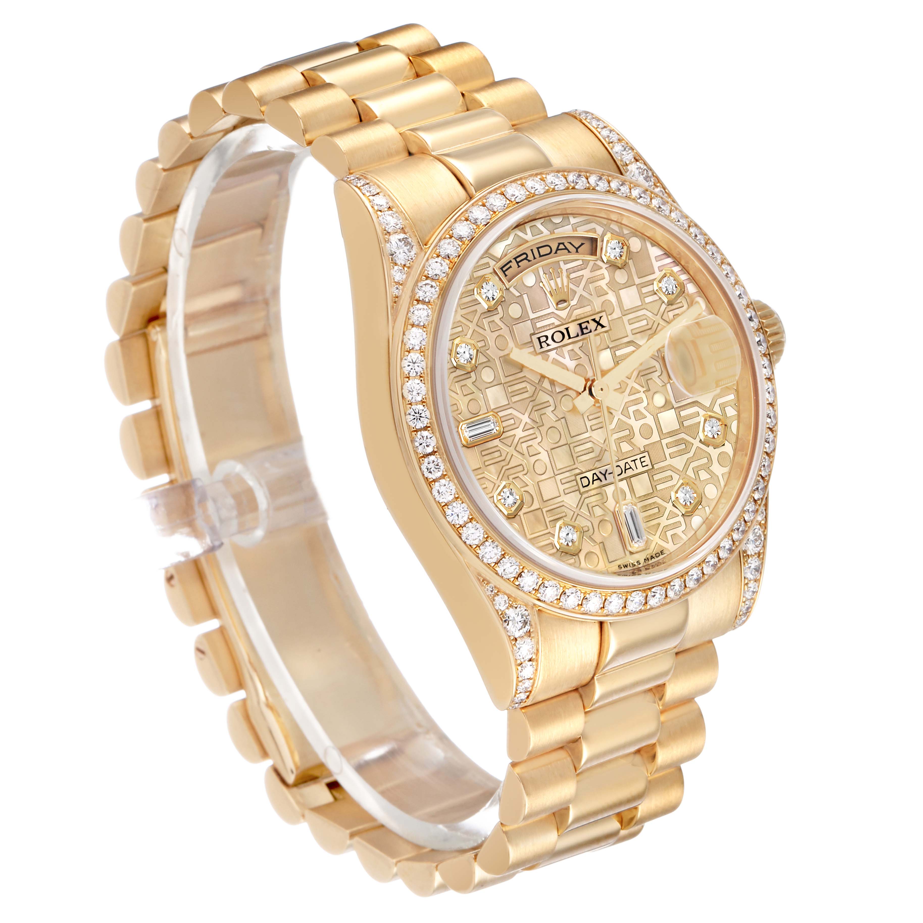 The Rolex President 118388 Men's Yellow Gold Mother of Pearl Dial model watch is shown at a three-quarter angle, featuring the bracelet, bezel, dial, and crown.