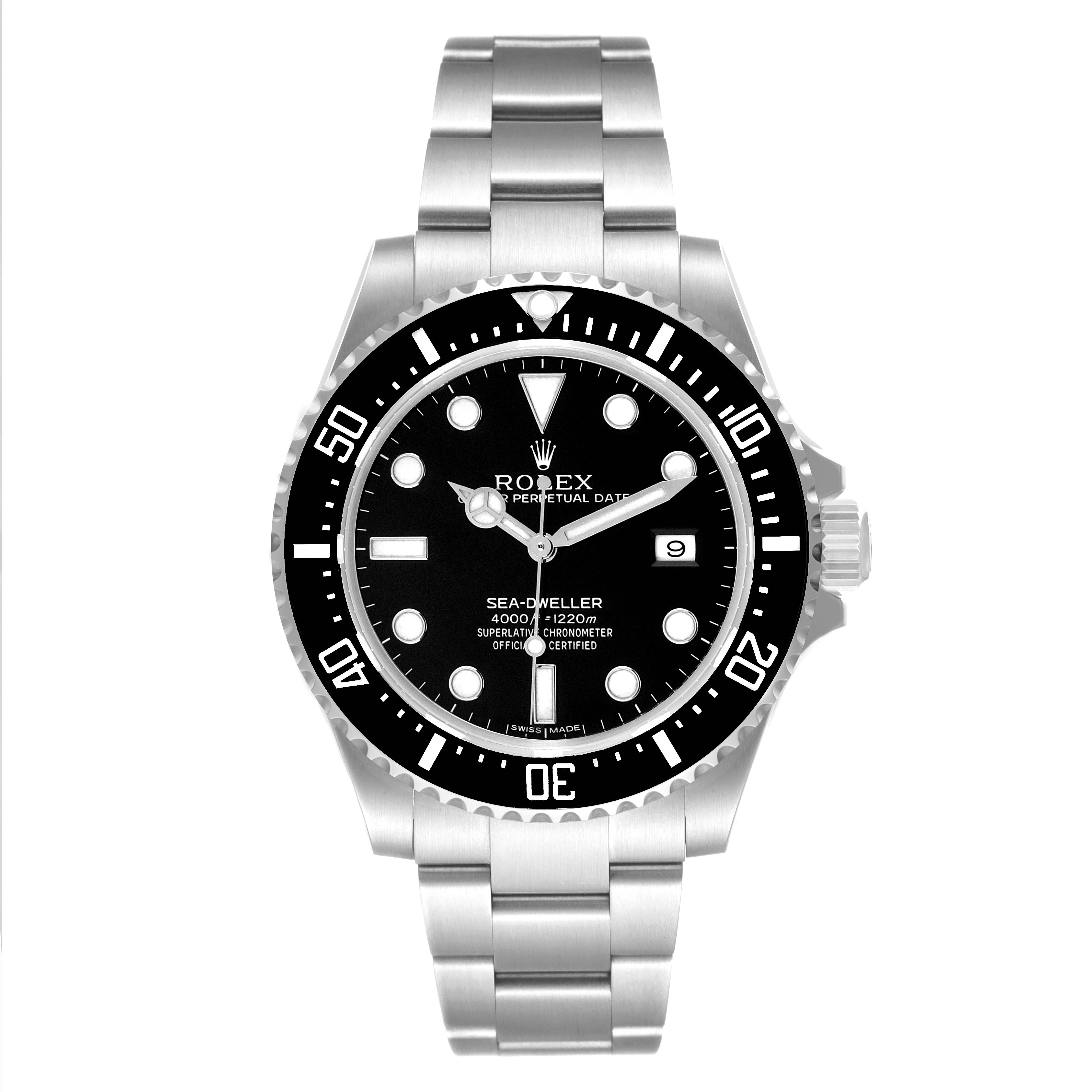 The image shows a front view of a Rolex Sea-Dweller 116600 Men's Stainless Steel Black Dial 116600 Men's Stainless Steel Black Dial watch with its stainless steel bracelet, black bezel, and black dial.
