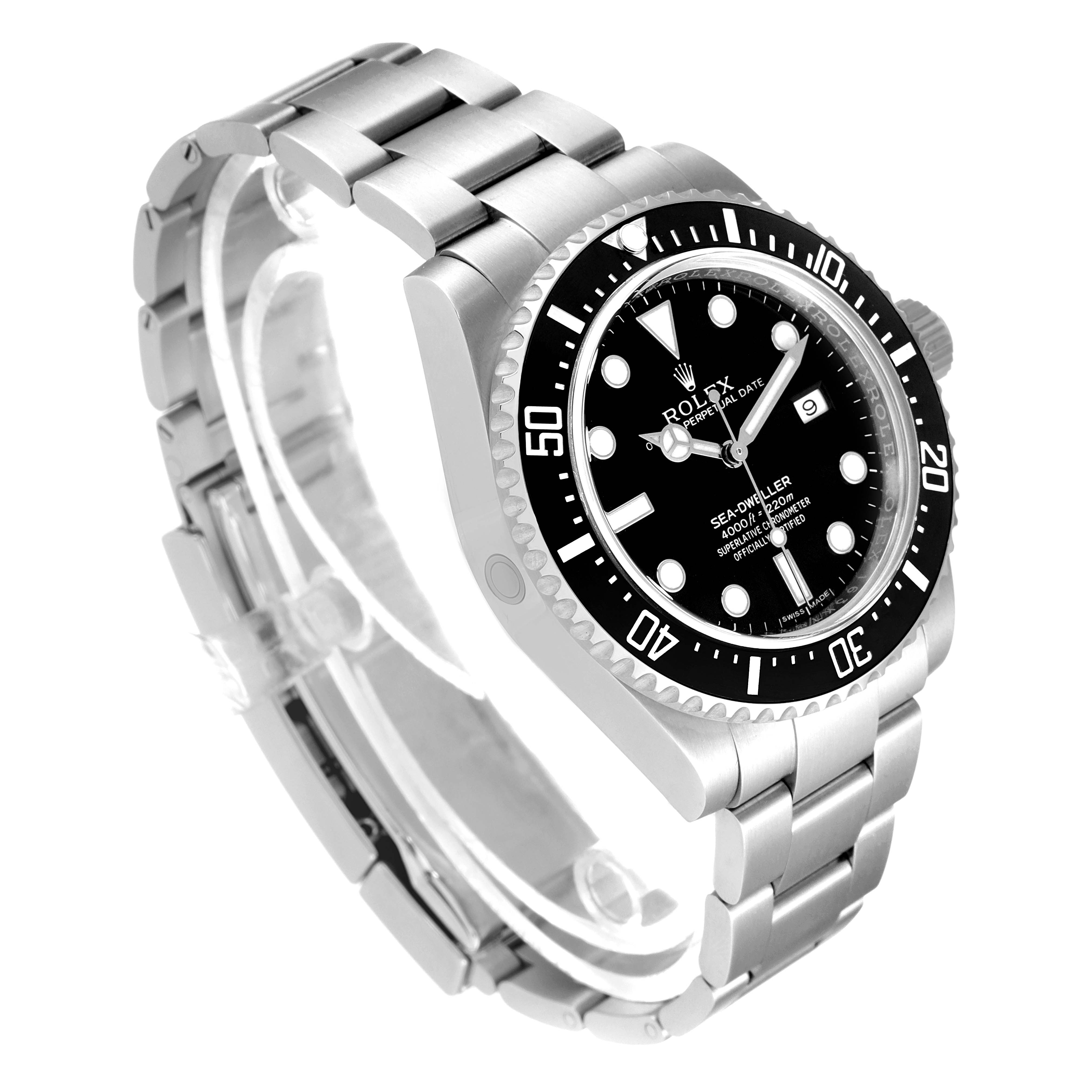 The photo shows a Rolex Sea-Dweller 116600 Men's Stainless Steel Black Dial 116600 Men's Stainless Steel Black Dial watch angled to display the face, bezel, and part of the bracelet.