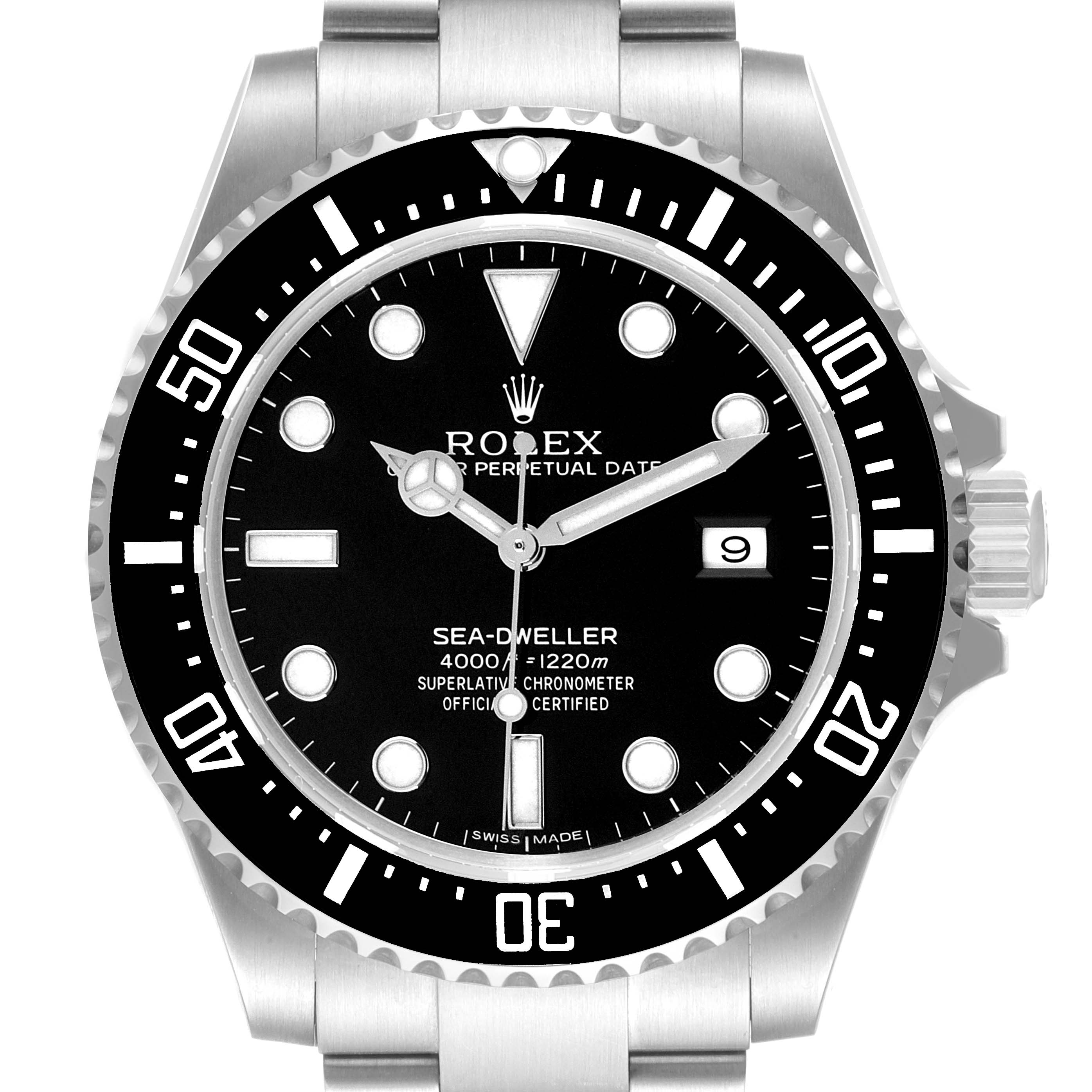 Front view of the Rolex Sea-Dweller 116600 Men's Stainless Steel Black Dial 116600 Men's Stainless Steel Black Dial watch showing the dial, bezel, hands, markers, and part of the bracelet.