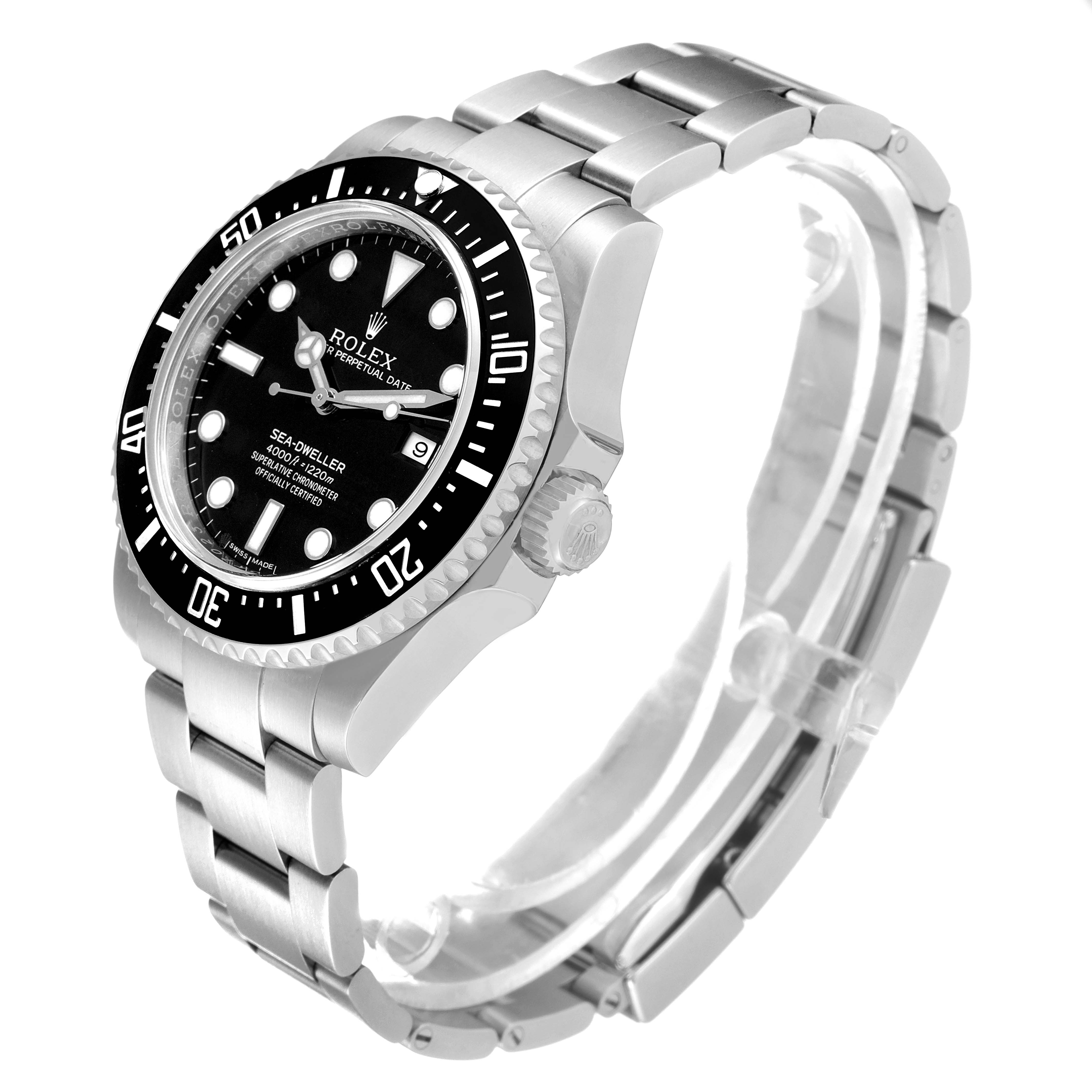 This image shows a side angle of the Rolex Sea-Dweller 116600 Men's Stainless Steel Black Dial 116600 Men's Stainless Steel Black Dial watch, highlighting its bracelet, bezel, and crown.