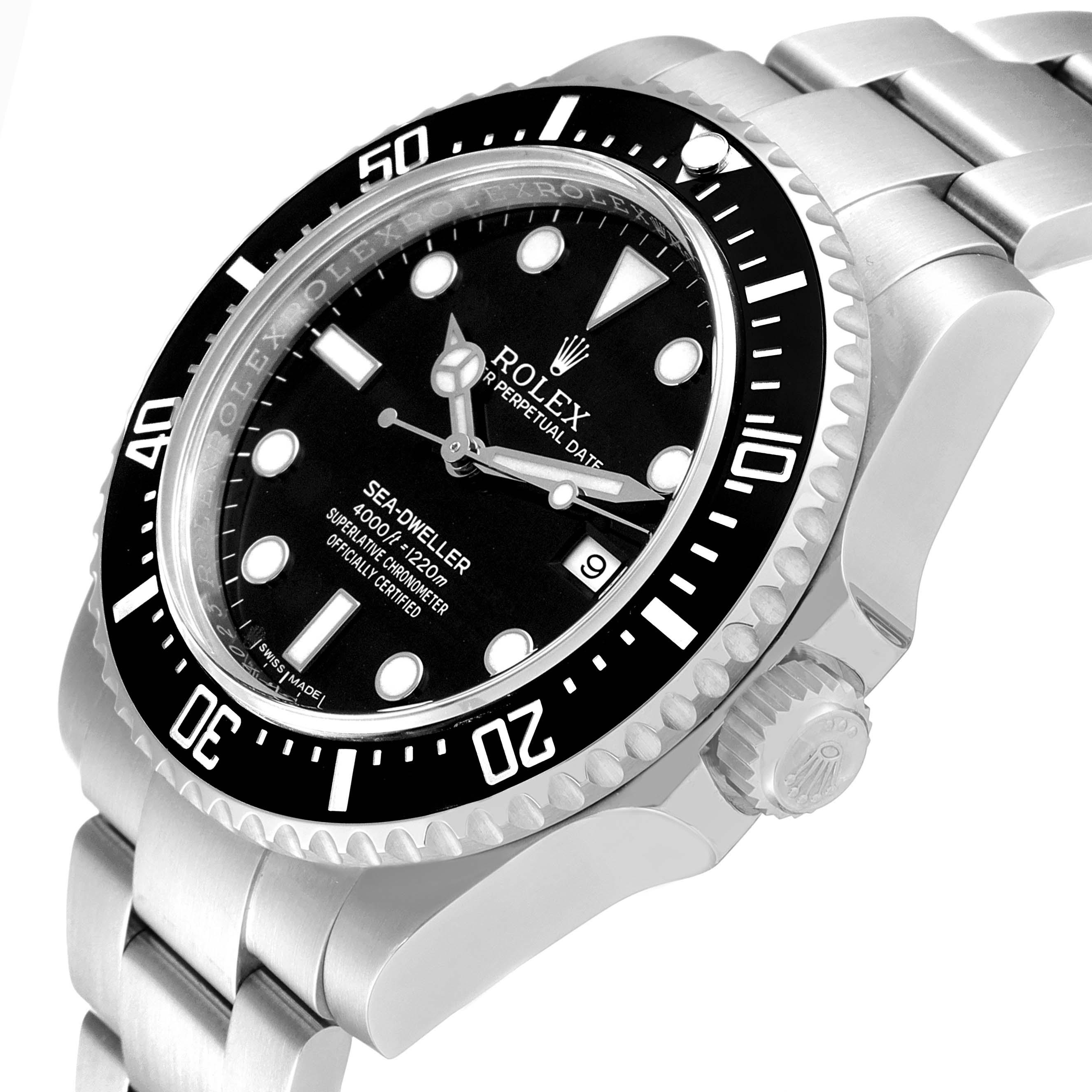 This image shows a close-up side angle of the Rolex Sea-Dweller 116600 Men's Stainless Steel Black Dial 116600 Men's Stainless Steel Black Dial, highlighting the dial, bezel, crown, and part of the bracelet.