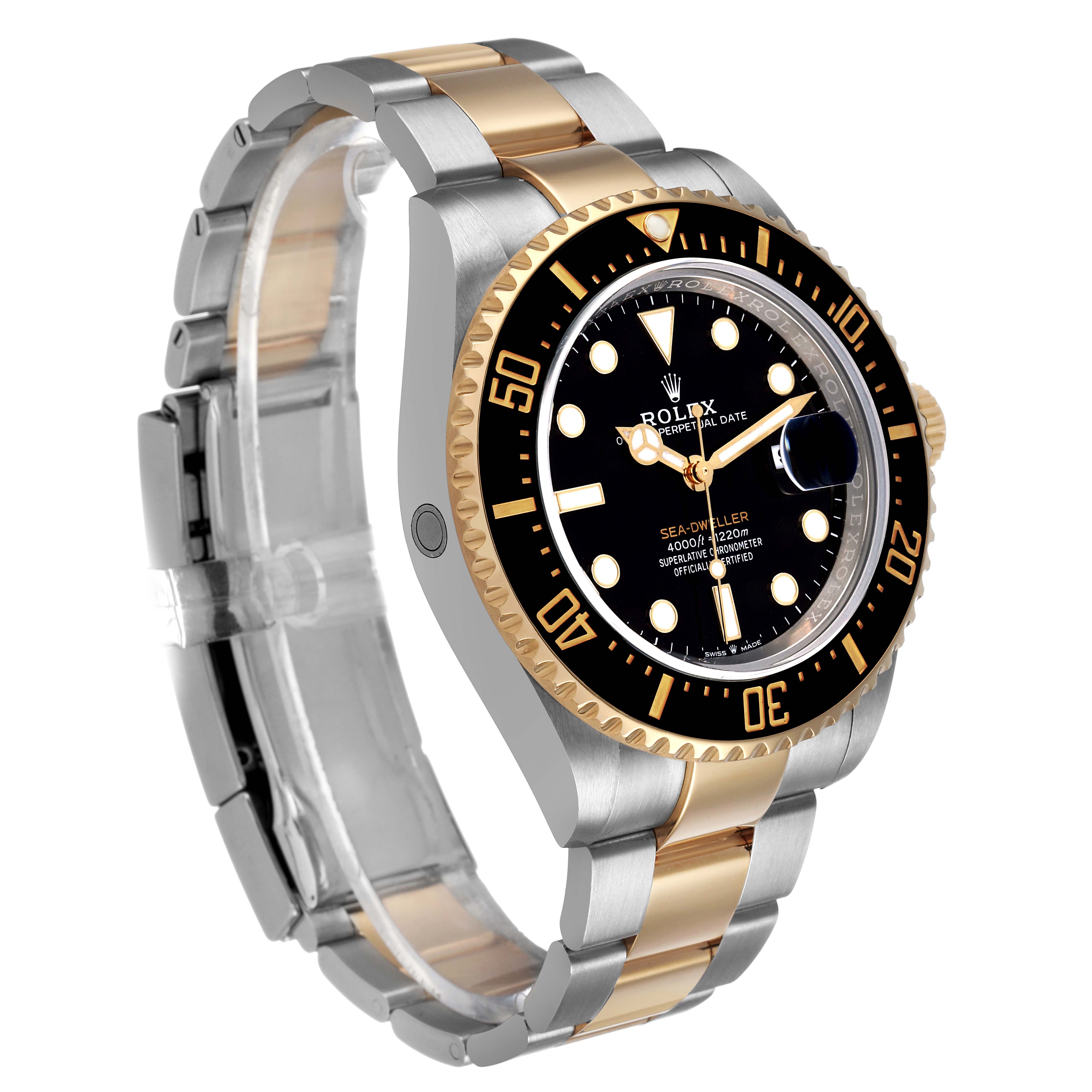 The image shows a Rolex Sea-Dweller 126603 Men's Steel and Gold (two tone) Black Dial watch at a three-quarter angle, highlighting its two-tone bracelet and black bezel.