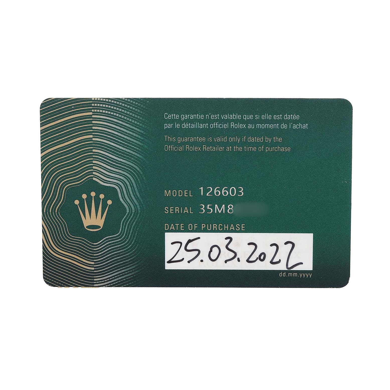 The image shows a warranty card for the Rolex Sea-Dweller 126603 Men's Steel and Gold (two tone) Black Dial model 126603.