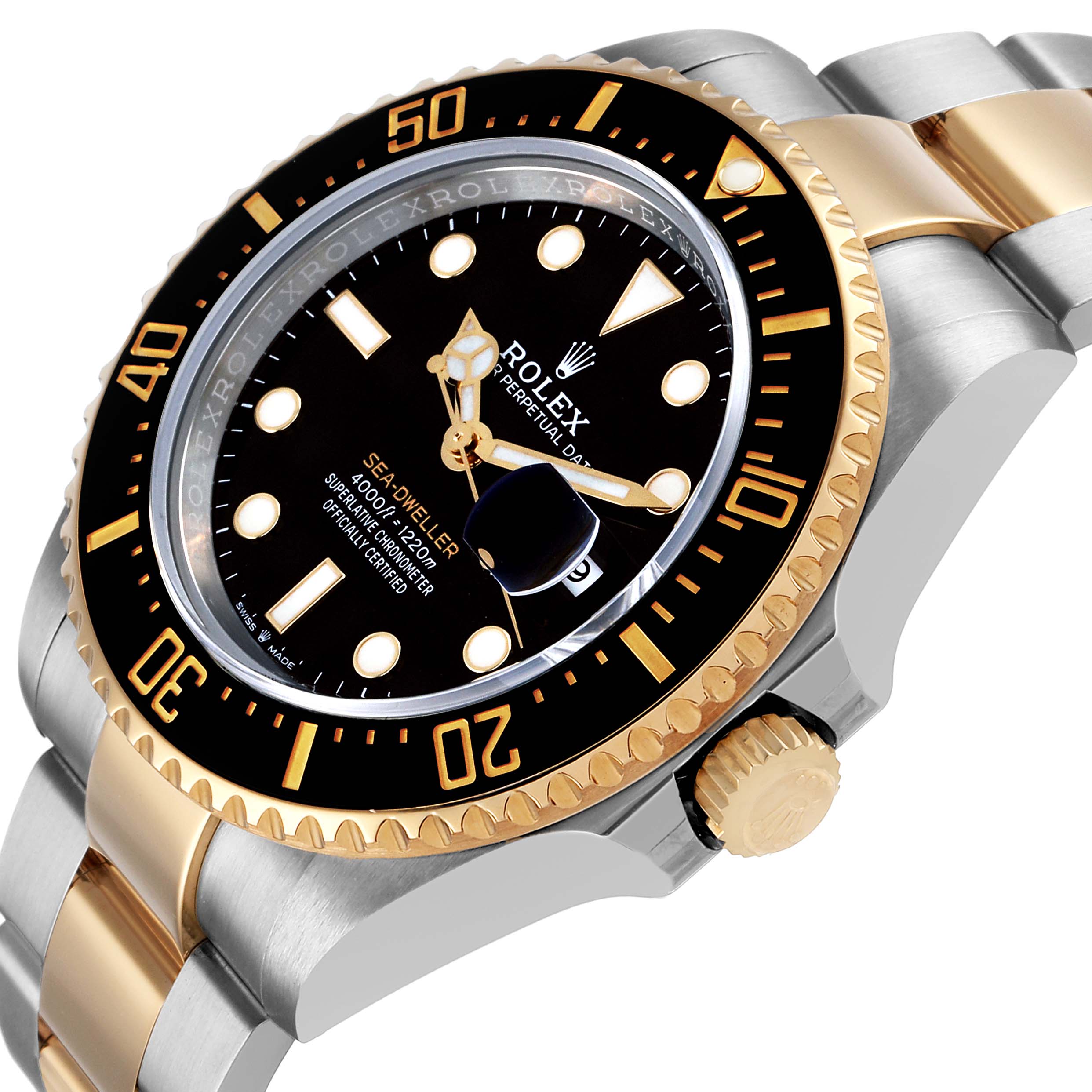 The Rolex Sea-Dweller 126603 Men's Steel and Gold (two tone) Black Dial watch is shown at an angle highlighting its face, bezel, crown, bracelet, and date window.