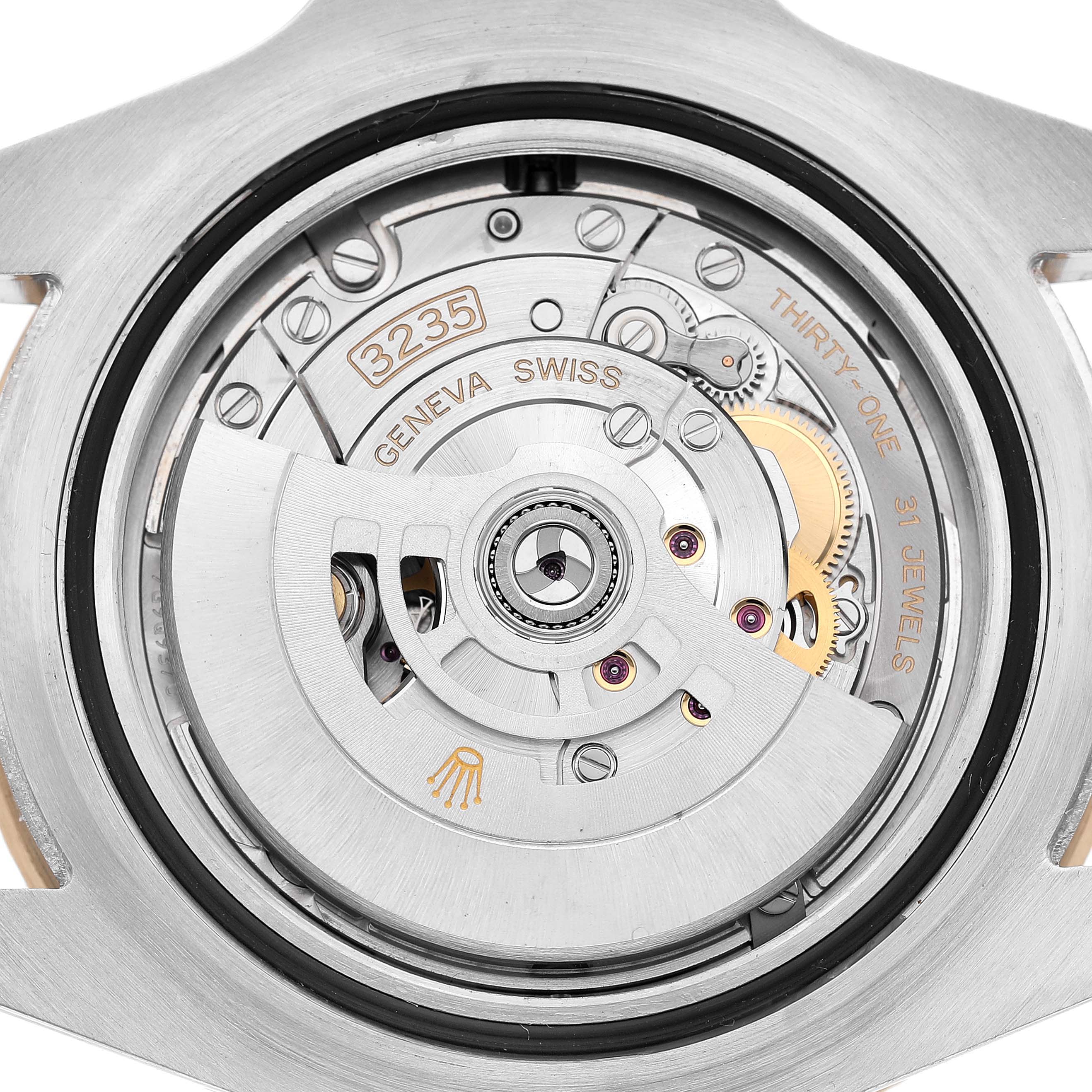 The image shows the movement from a rear angle of the Rolex Sea-Dweller 126603 Men's Steel and Gold (two tone) Black Dial 3235 caliber, highlighting internal components.