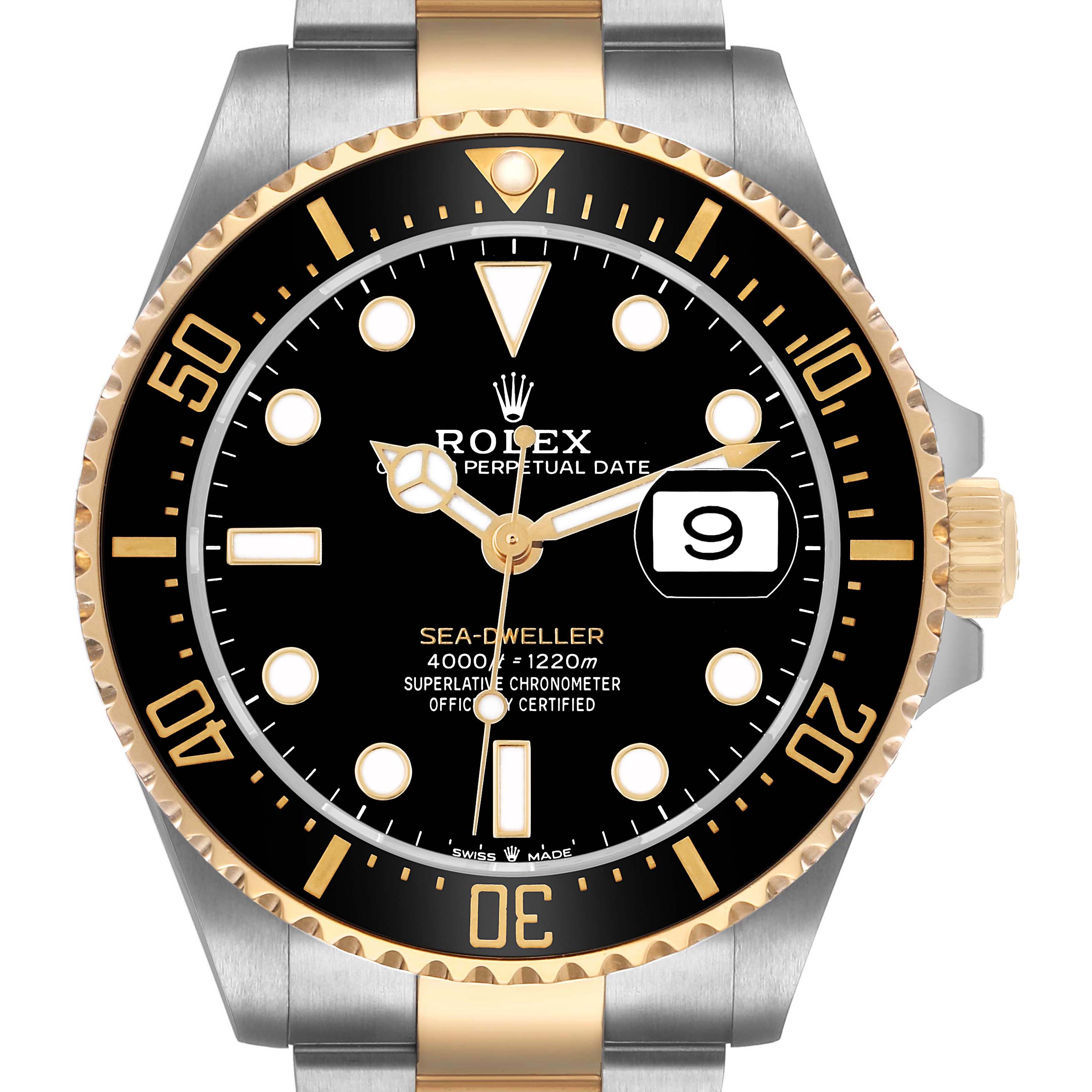 The Rolex Sea-Dweller 126603 Men's Steel and Gold (two tone) Black Dial watch is shown from the front, highlighting the dial, bezel, and part of the bracelet.