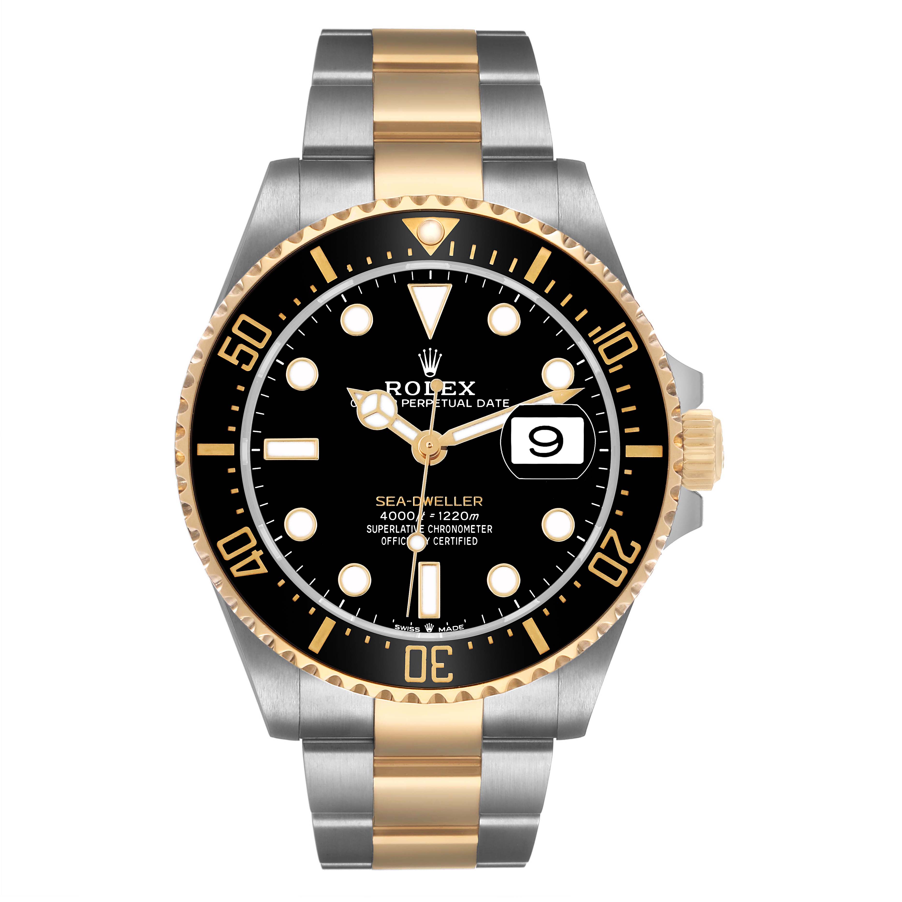 The Rolex Sea-Dweller 126603 Men's Steel and Gold (two tone) Black Dial watch is shown from the front, highlighting its face, bezel, crown, and two-tone bracelet.