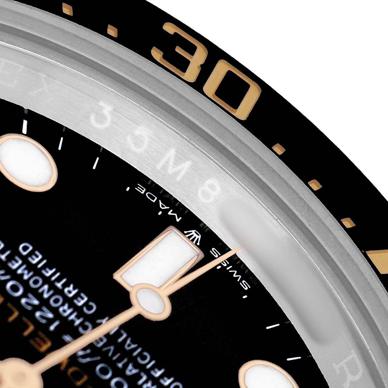 The image shows a close-up angle of a Rolex Sea-Dweller 126603 Men's Steel and Gold (two tone) Black Dial, highlighting the bezel, dial, and partial hour markers.