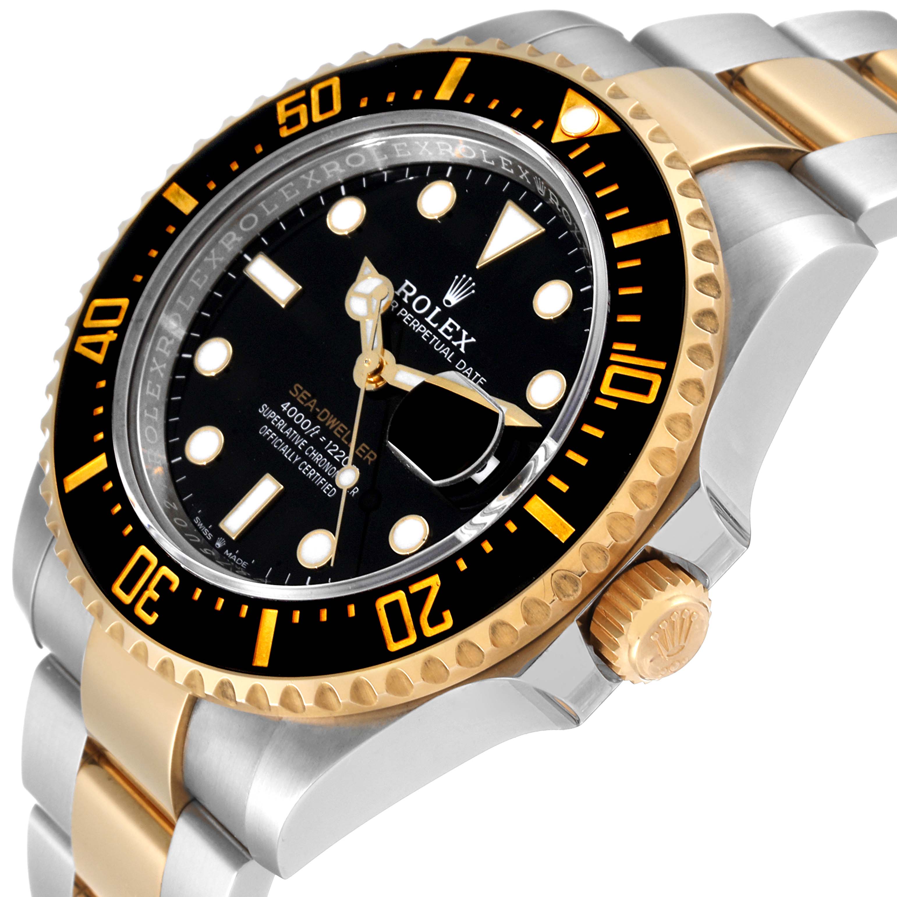The image shows a close-up angle of the dial, bezel, and part of the bracelet of a Rolex Sea-Dweller 126603 Men's Steel and Gold (two tone) Black Dial 126603 Men's Steel and Gold (two tone) Black Dial watch.