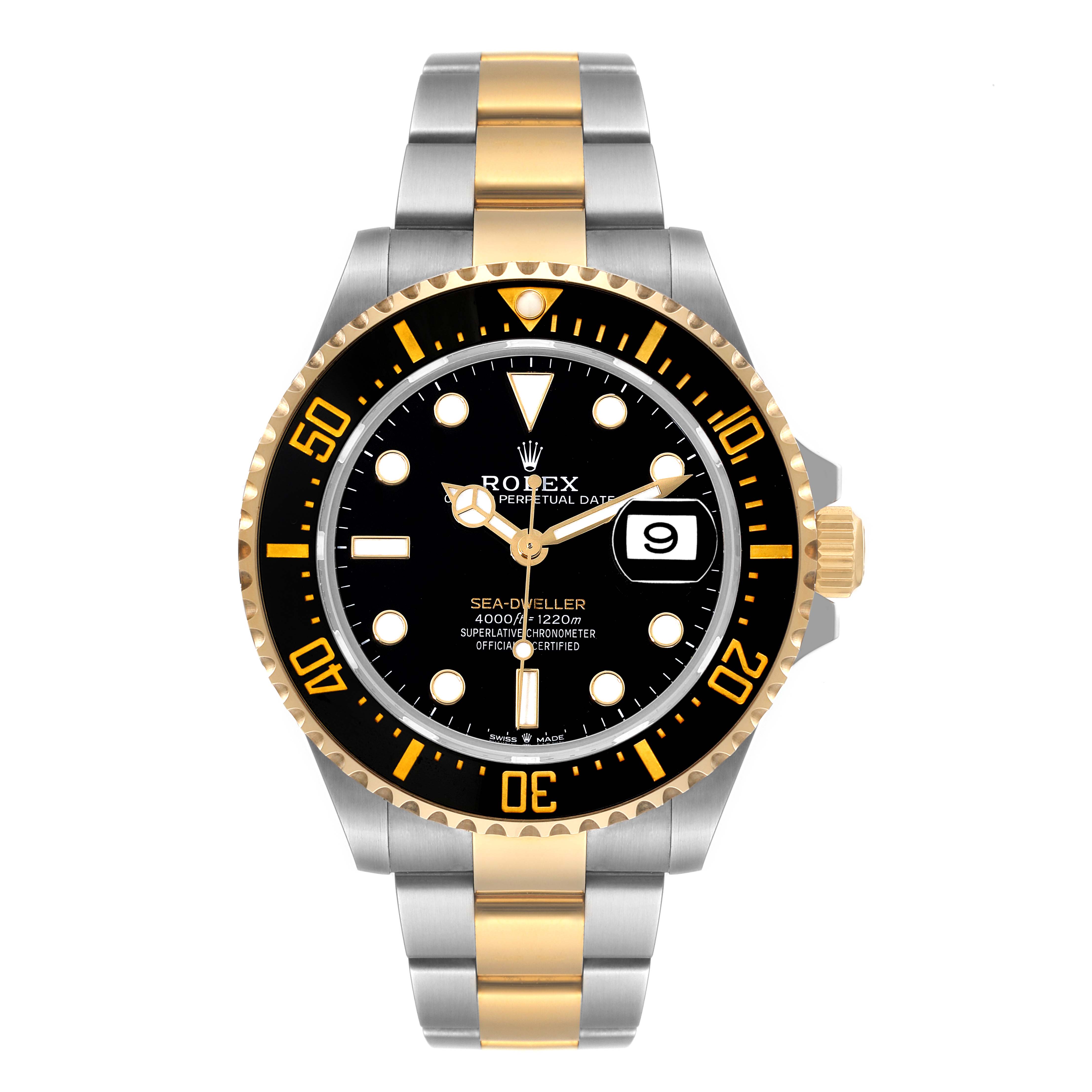 The Rolex Sea-Dweller 126603 Men's Steel and Gold (two tone) Black Dial 126603 Men's Steel and Gold (two tone) Black Dial watch is shown from a front angle, displaying its face, dial, bezel, and bracelet.