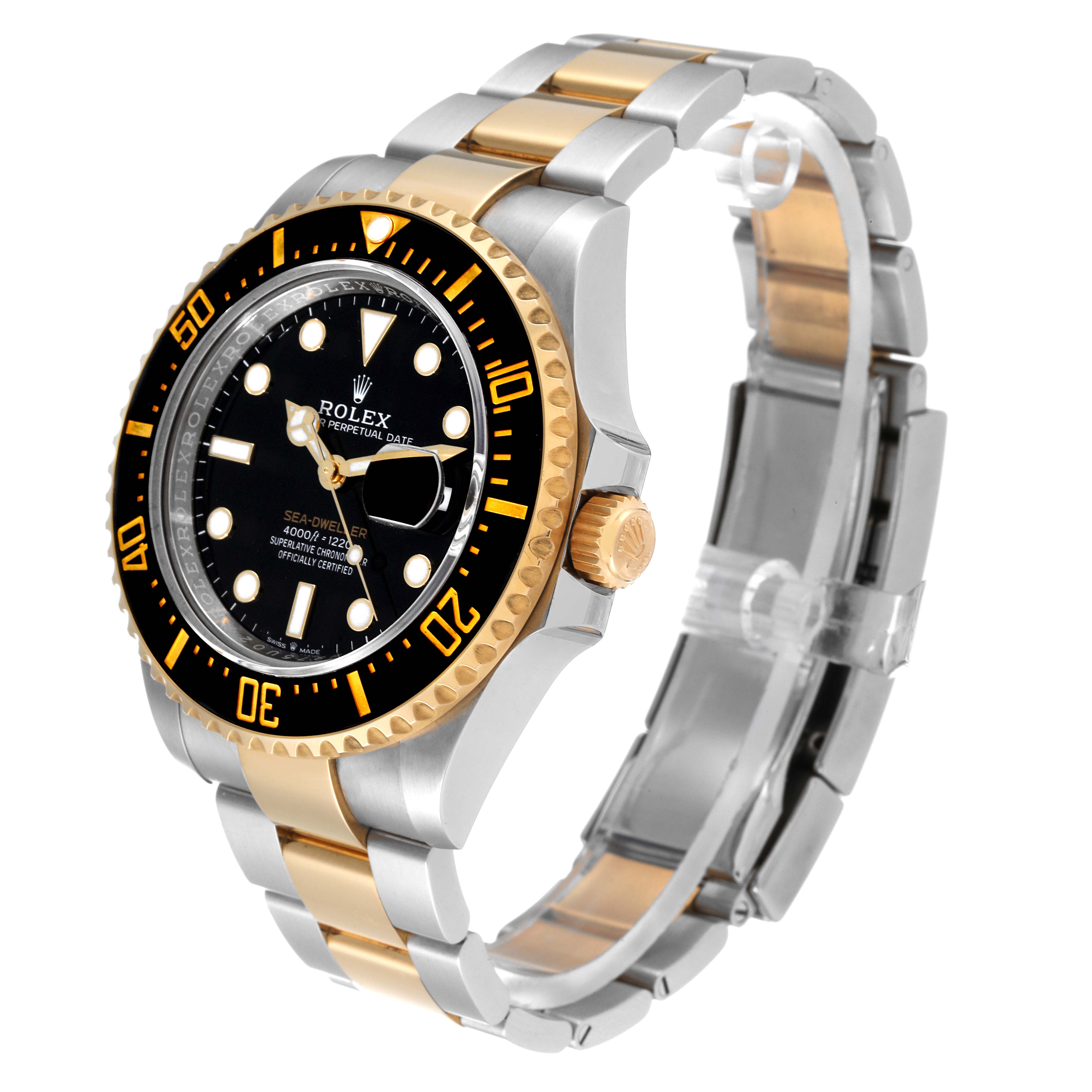 The image shows a Rolex Sea-Dweller 126603 Men's Steel and Gold (two tone) Black Dial 126603 Men's Steel and Gold (two tone) Black Dial watch at a slight angle, highlighting its dial, bezel, crown, and two-tone bracelet.