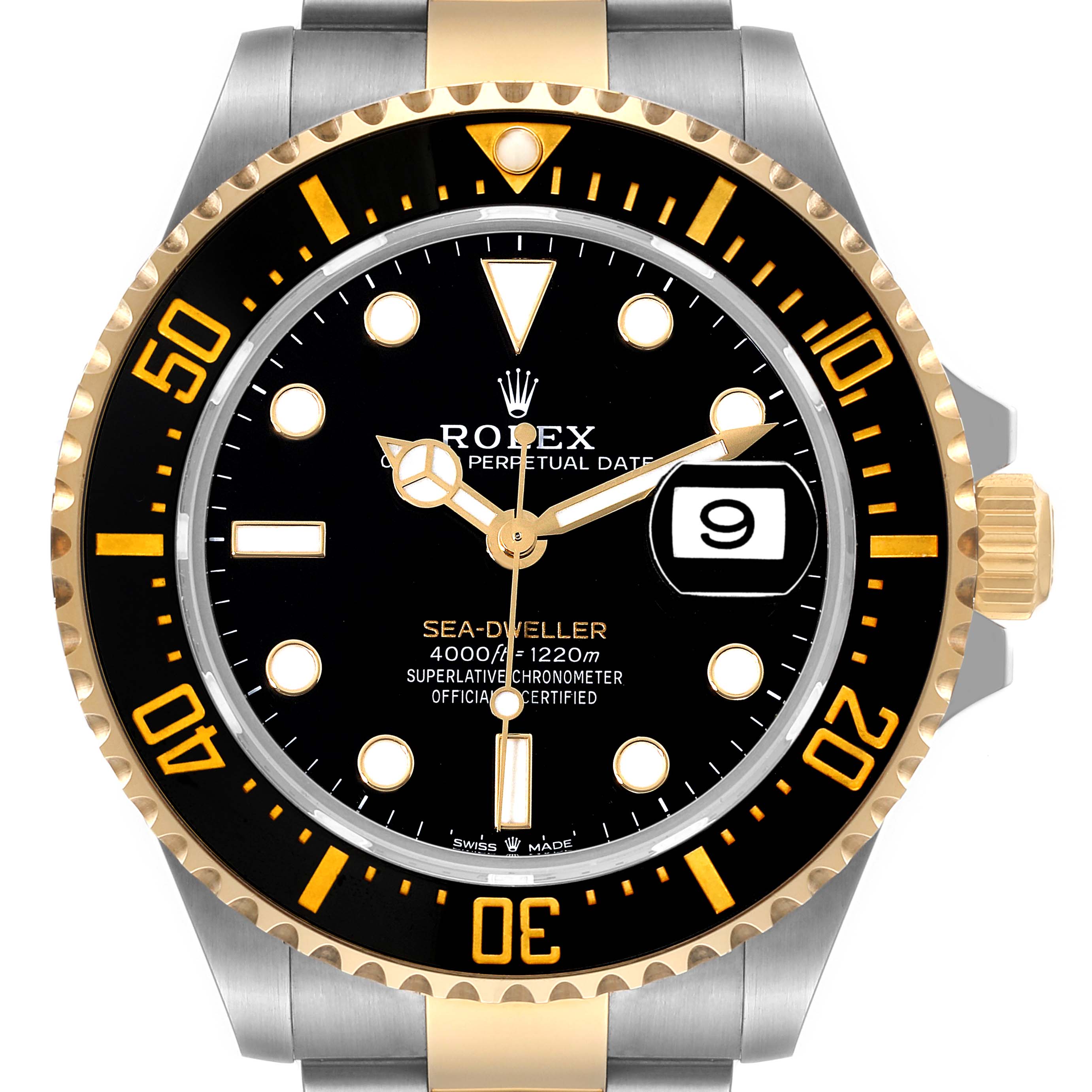 The image shows a front view of the Rolex Sea-Dweller 126603 Men's Steel and Gold (two tone) Black Dial 126603 Men's Steel and Gold (two tone) Black Dial watch, highlighting its dial, bezel, and part of the bracelet.