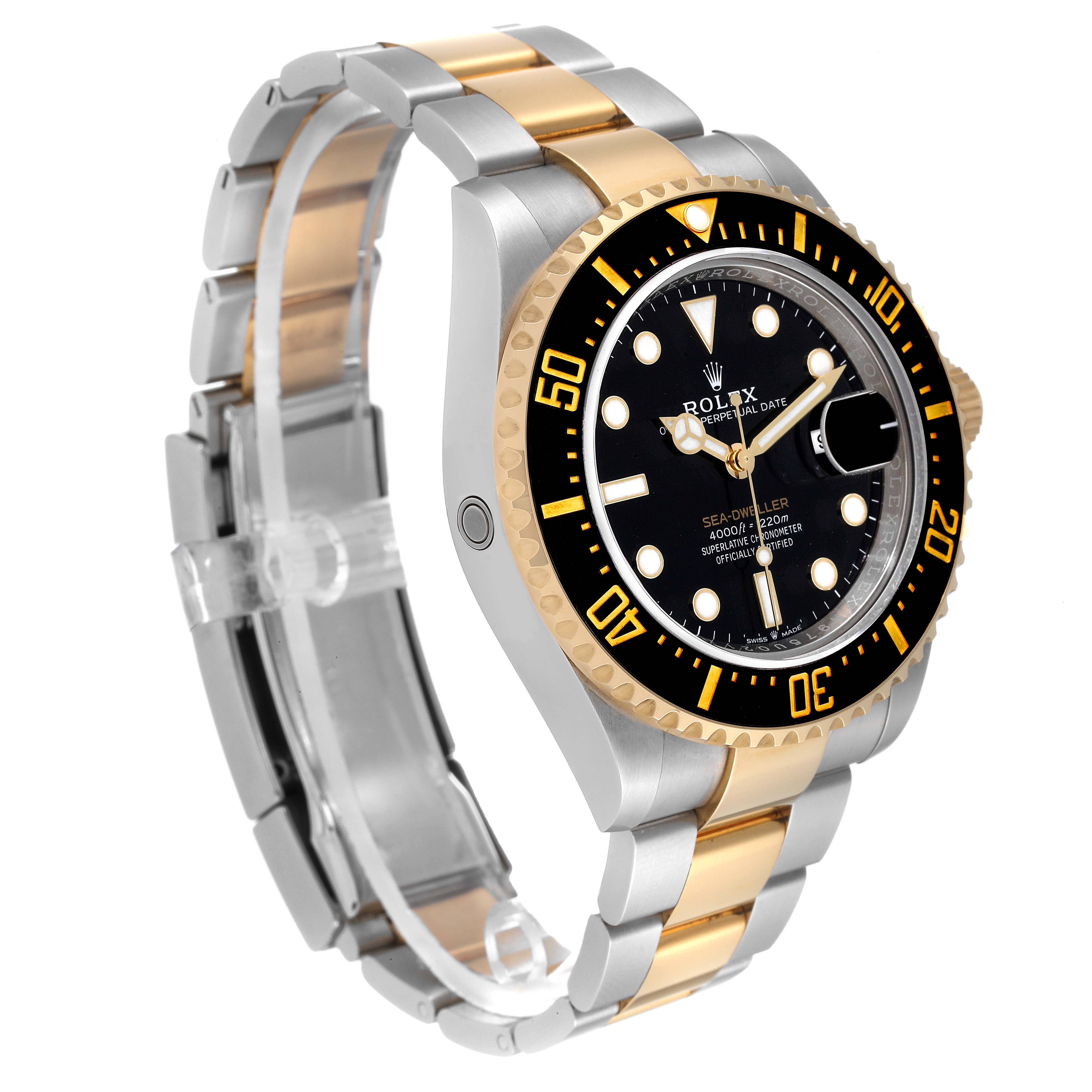 The image shows a side profile of the Rolex Sea-Dweller 126603 Men's Steel and Gold (two tone) Black Dial 126603 Men's Steel and Gold (two tone) Black Dial watch, highlighting its bezel, face, and two-tone bracelet.