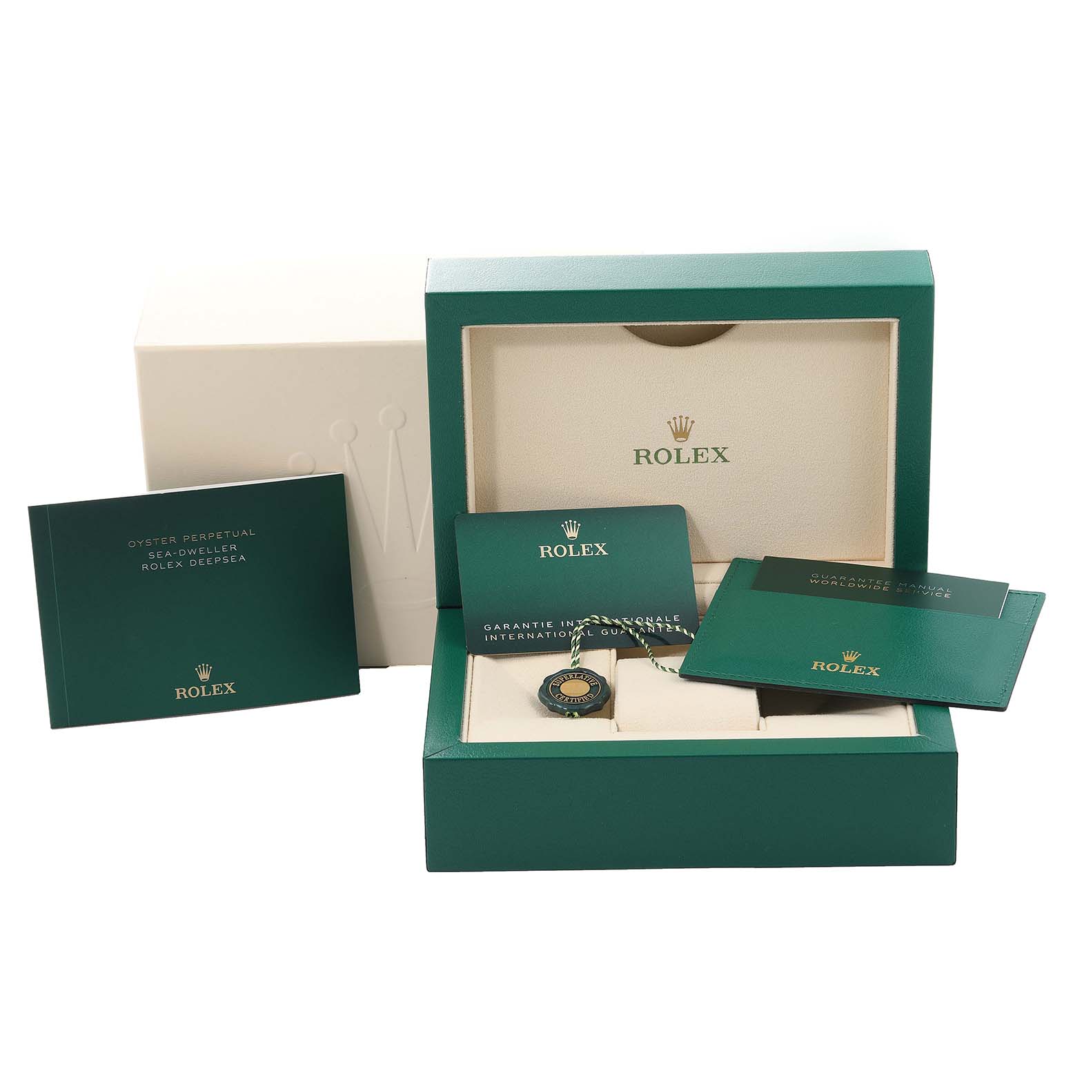The image shows a Rolex Sea-Dweller 126603 Men's Steel and Gold (two tone) Black Dial 126603 Men's Steel and Gold (two tone) Black Dial watch box set with manuals, certificates, tags, and an outer box.