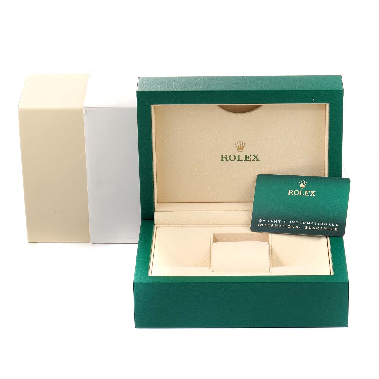 The image shows the opened packaging of a Rolex Sea-Dweller 126660 Men
s Stainless Steel Blue Dial 126660 Men
s Stainless Steel Blue Dial watch, displaying the interior container and guarantee card.