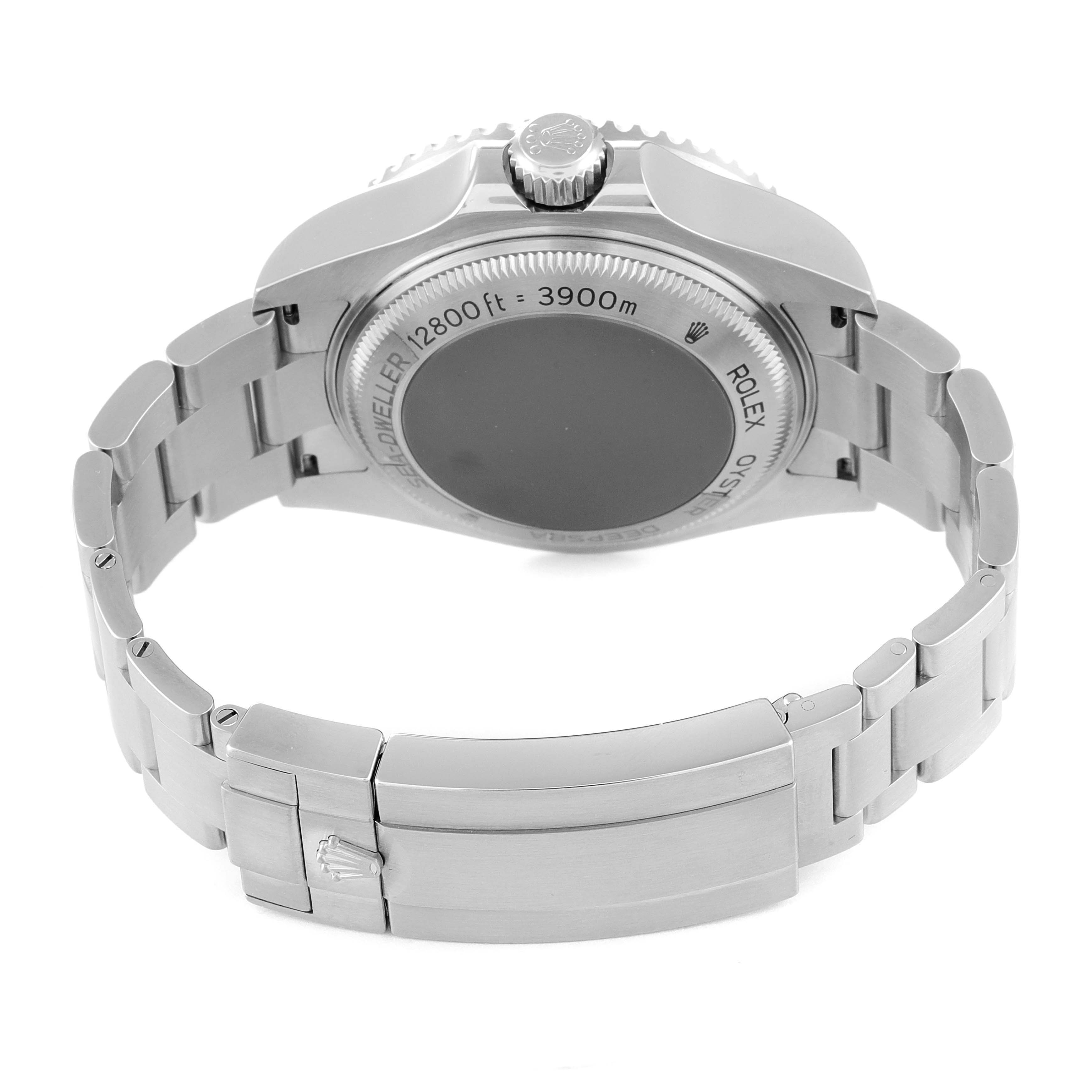 The image shows the back side of the Rolex Sea-Dweller 126660 Men
s Stainless Steel Blue Dial 126660 Men
s Stainless Steel Blue Dial watch, highlighting the case back and the bracelet with its clasp.