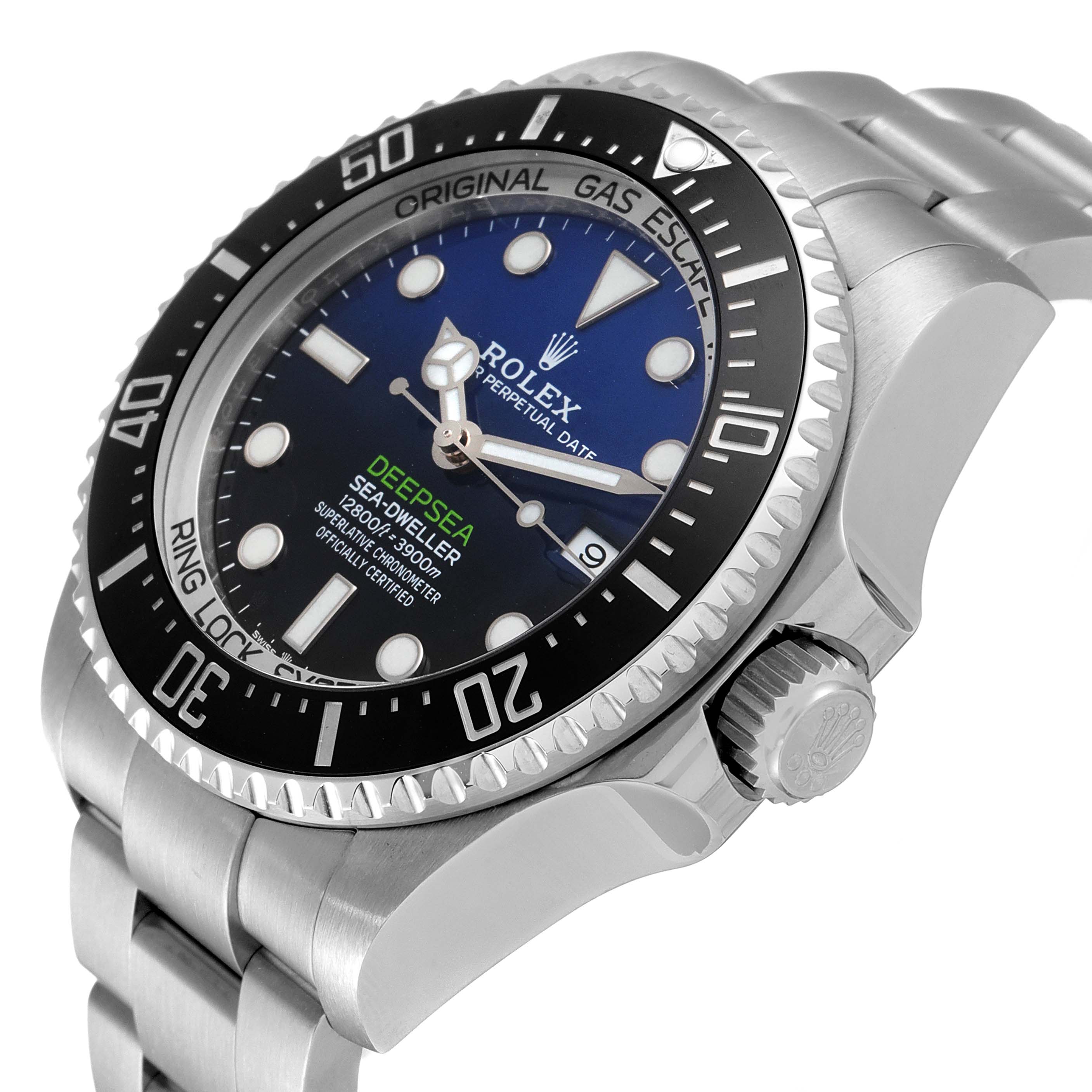 This image shows a close-up angle of the Rolex Sea-Dweller 126660 Men
s Stainless Steel Blue Dial 126660 Men
s Stainless Steel Blue Dial watch, highlighting the face, bezel, crown, and part of the bracelet.
