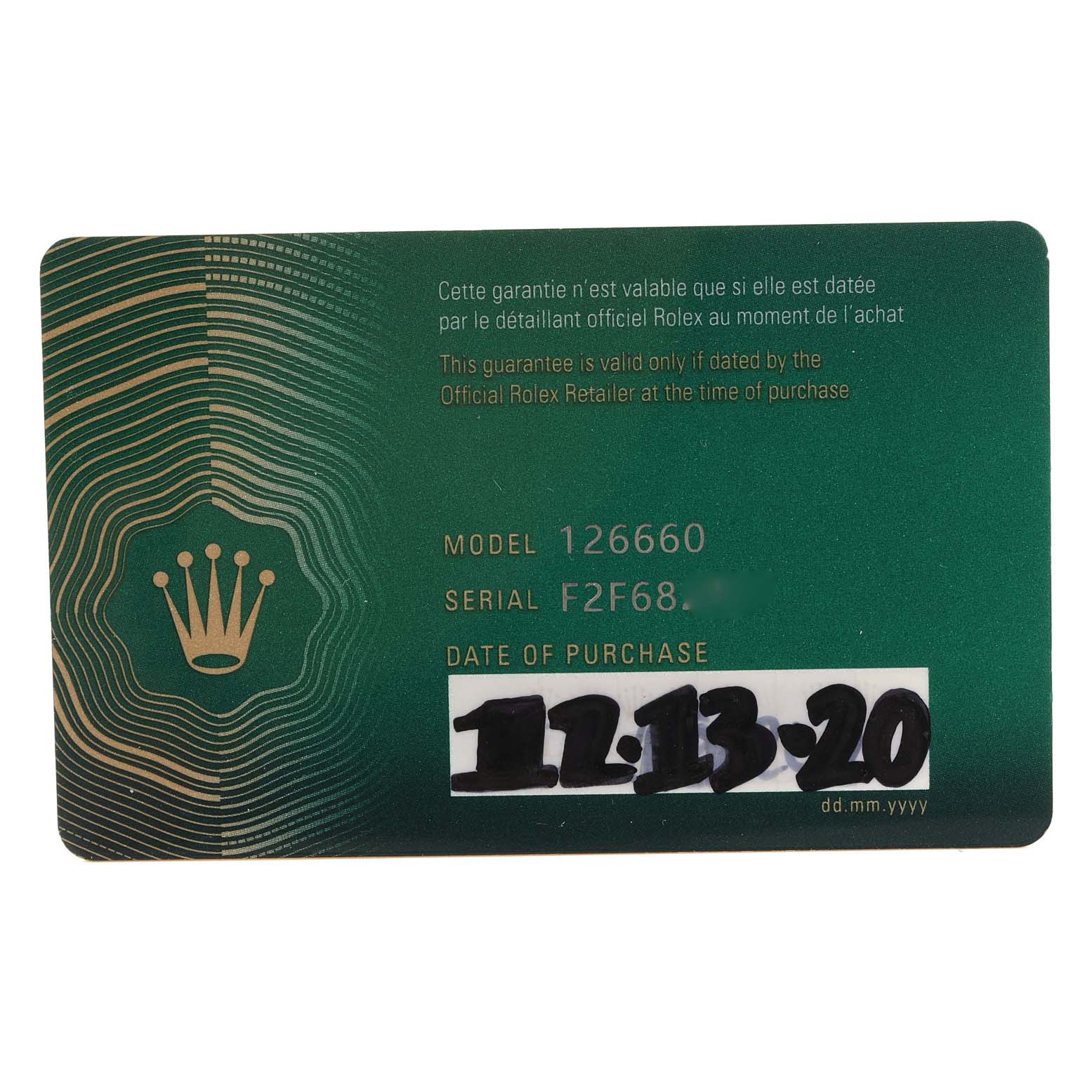 The image shows a Rolex guarantee card for the Sea-Dweller model 126660 with purchase date 12.13.20.