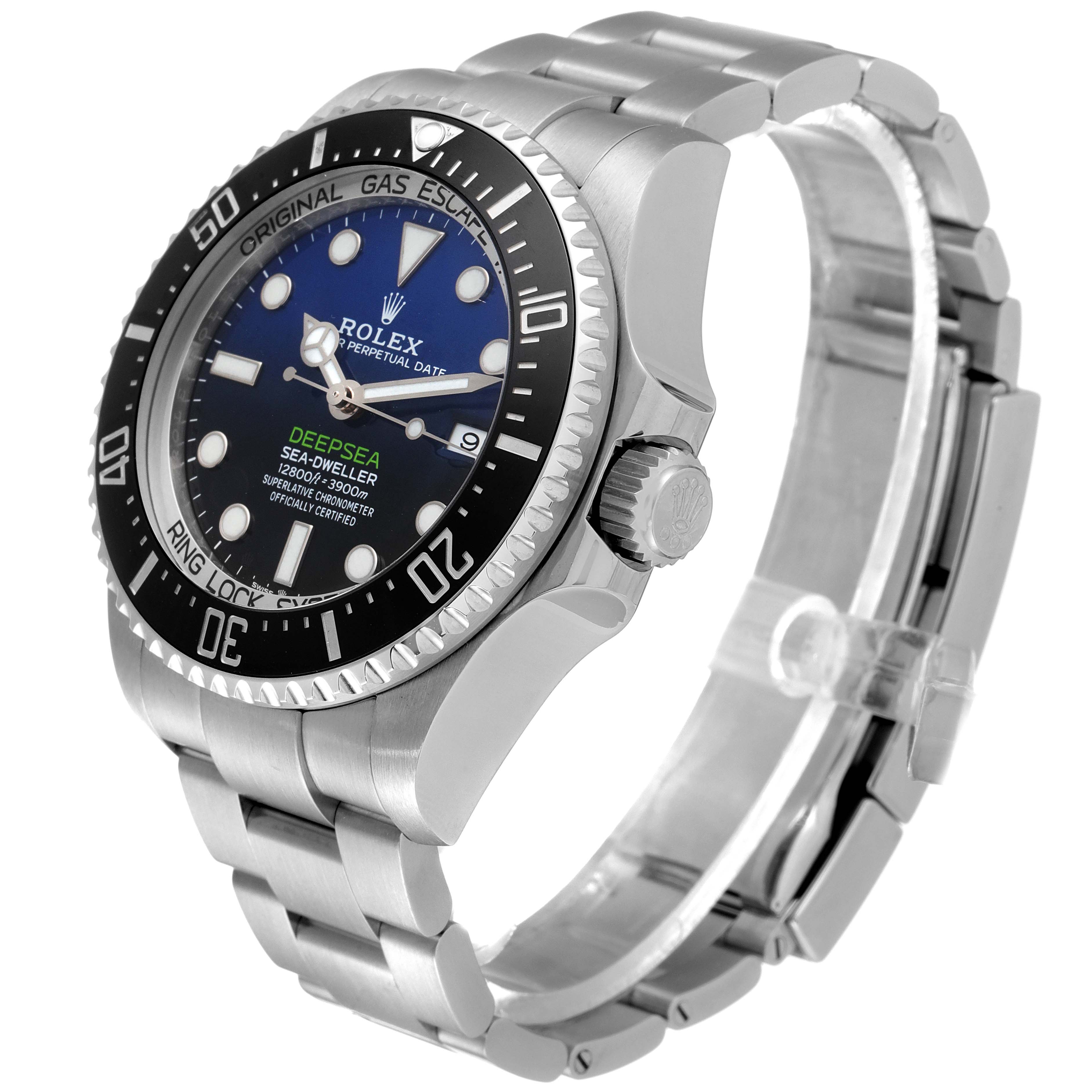 The image shows a side and frontal angle of a Rolex Sea-Dweller 126660 Men
s Stainless Steel Blue Dial 126660 Men
s Stainless Steel Blue Dial watch, highlighting the bezel, dial, crown, and bracelet.