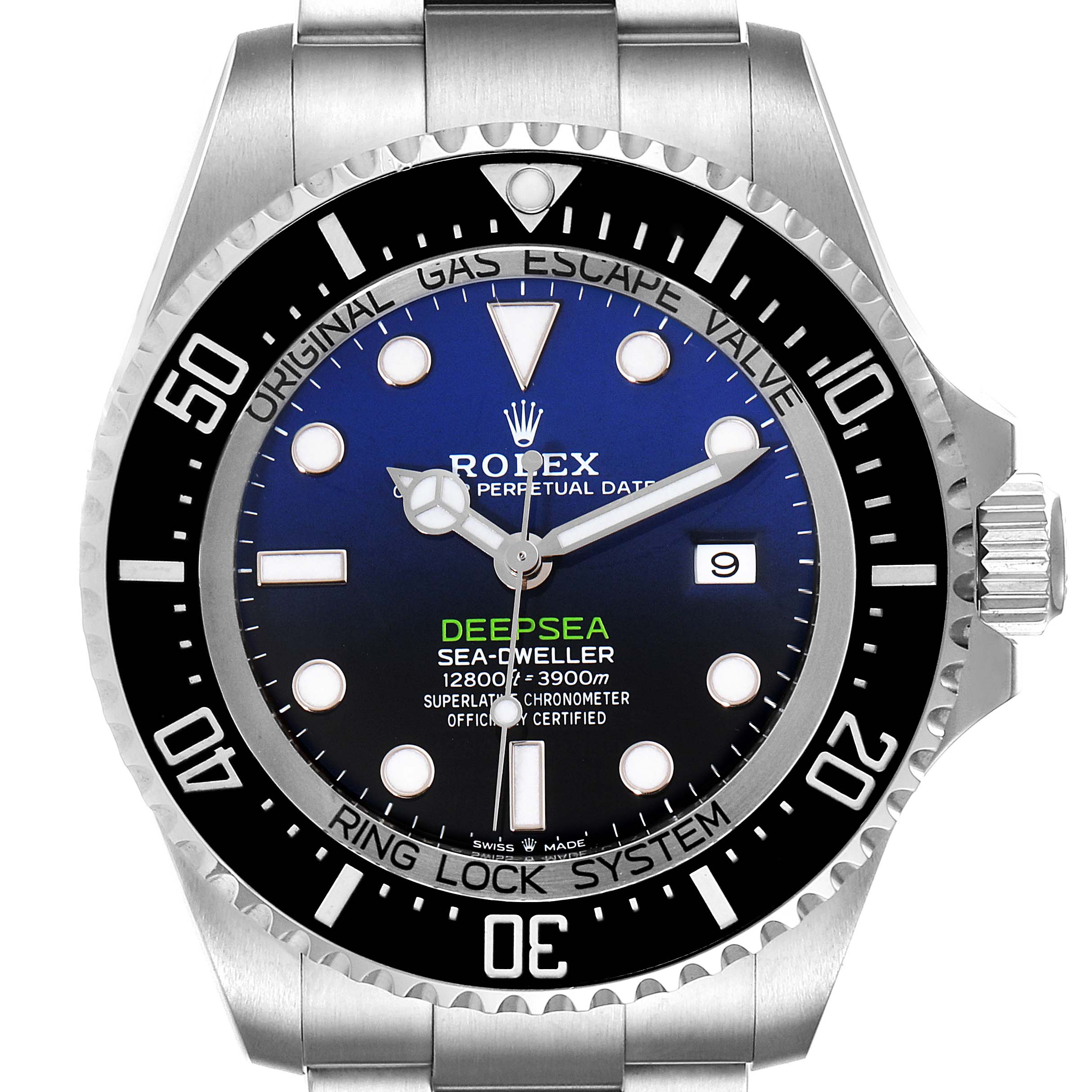 The image shows a front view of the Rolex Sea-Dweller 126660 Men
s Stainless Steel Blue Dial 126660 Men
s Stainless Steel Blue Dial Deepsea watch, highlighting the dial, bezel, and bracelet.