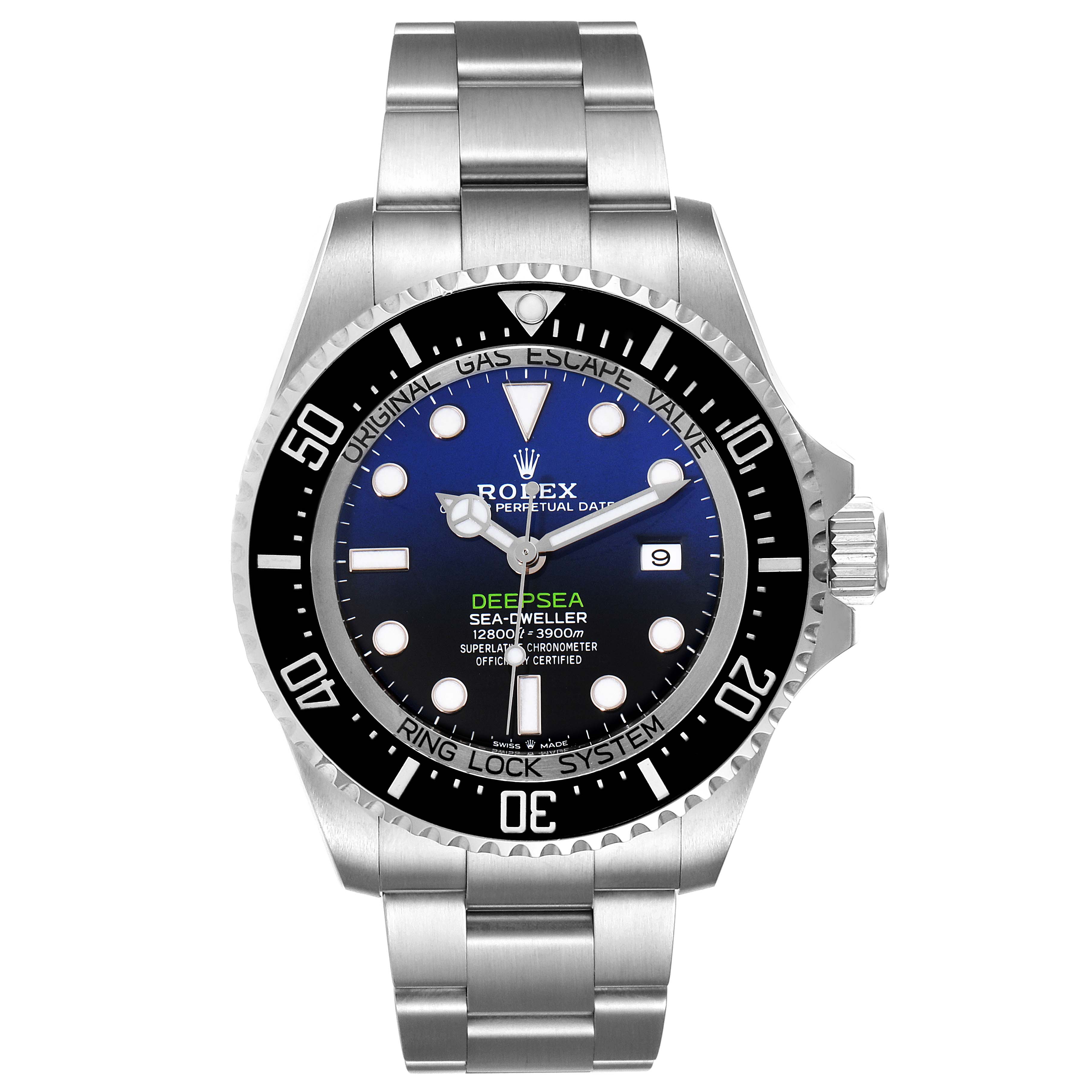 The Rolex Sea-Dweller 126660 Men
s Stainless Steel Blue Dial 126660 Men
s Stainless Steel Blue Dial watch is shown from a front angle, displaying the dial, bezel, and bracelet.