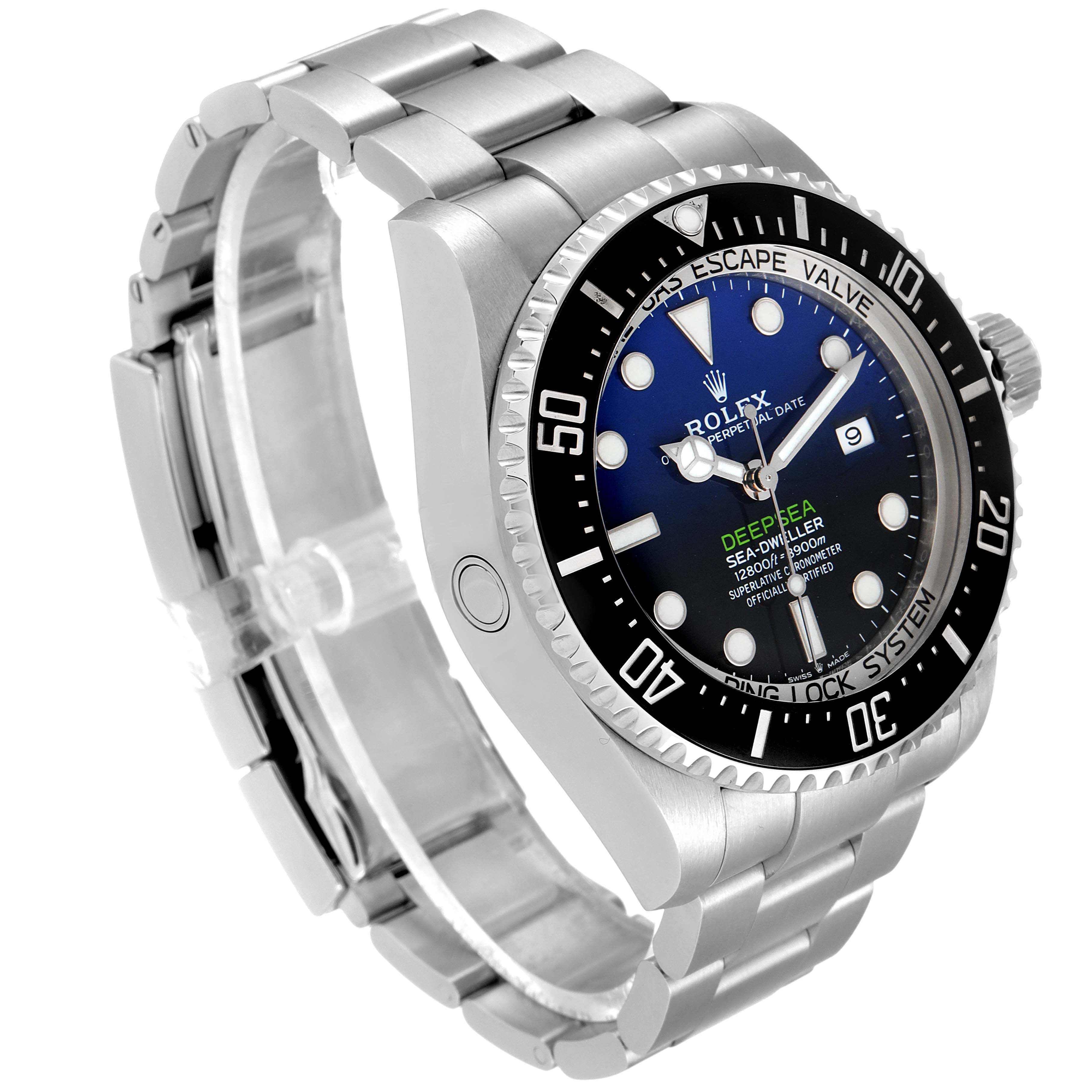 This image shows a Rolex Sea-Dweller 126660 Men
s Stainless Steel Blue Dial 126660 Men
s Stainless Steel Blue Dial watch at a three-quarter angle, highlighting the face, bezel, crown, and band.