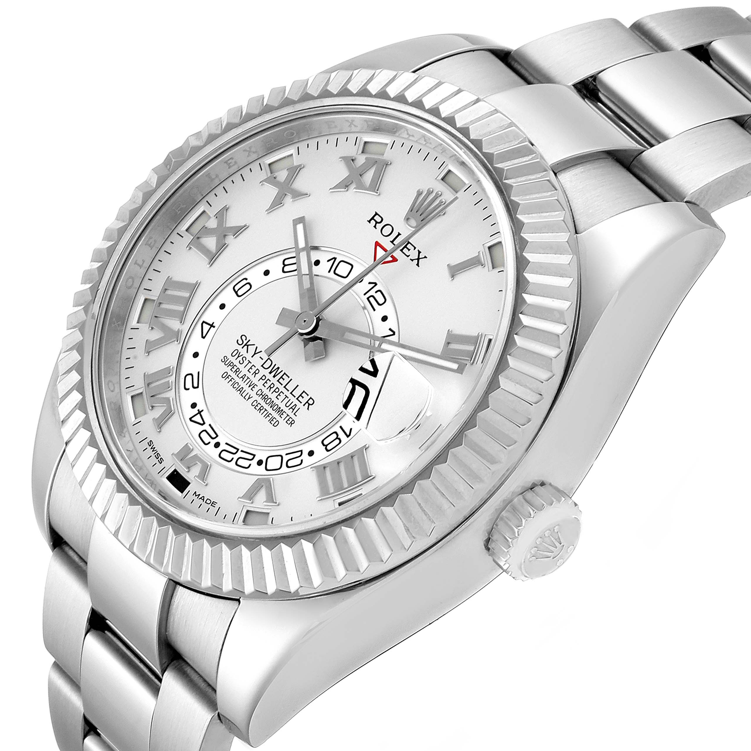 This image shows a close-up angle of the Rolex Sky-Dweller 326939 Men's White Gold White Dial 326939 Men's White Gold White Dial watch, highlighting the face, bezel, crown, and bracelet.