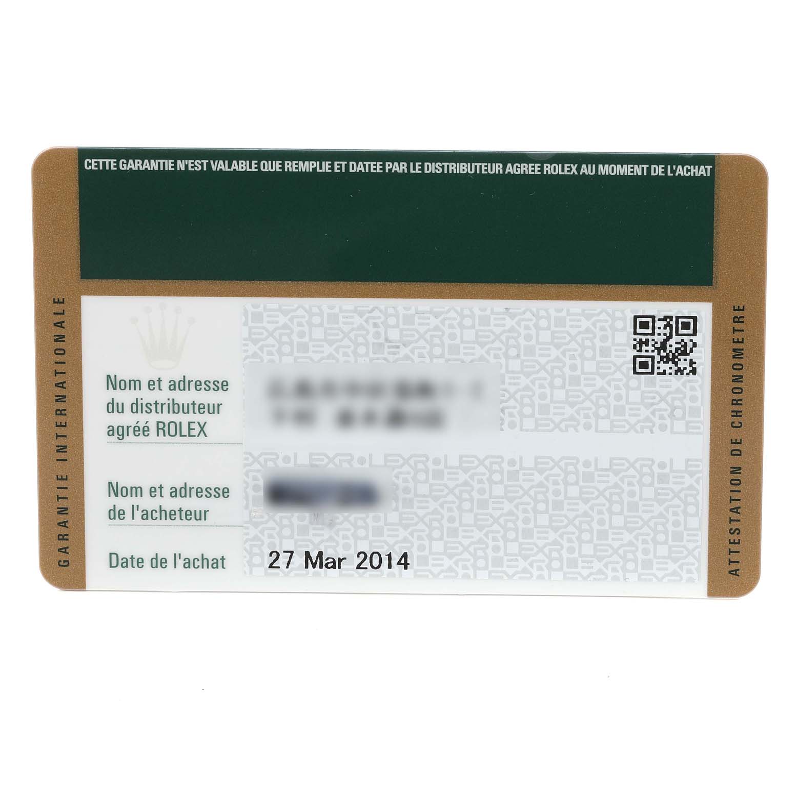 The image shows the warranty card for a Rolex Sky-Dweller 326939 Men's White Gold White Dial 326939 Men's White Gold White Dial, displaying purchase details and a QR code in a top-down view.