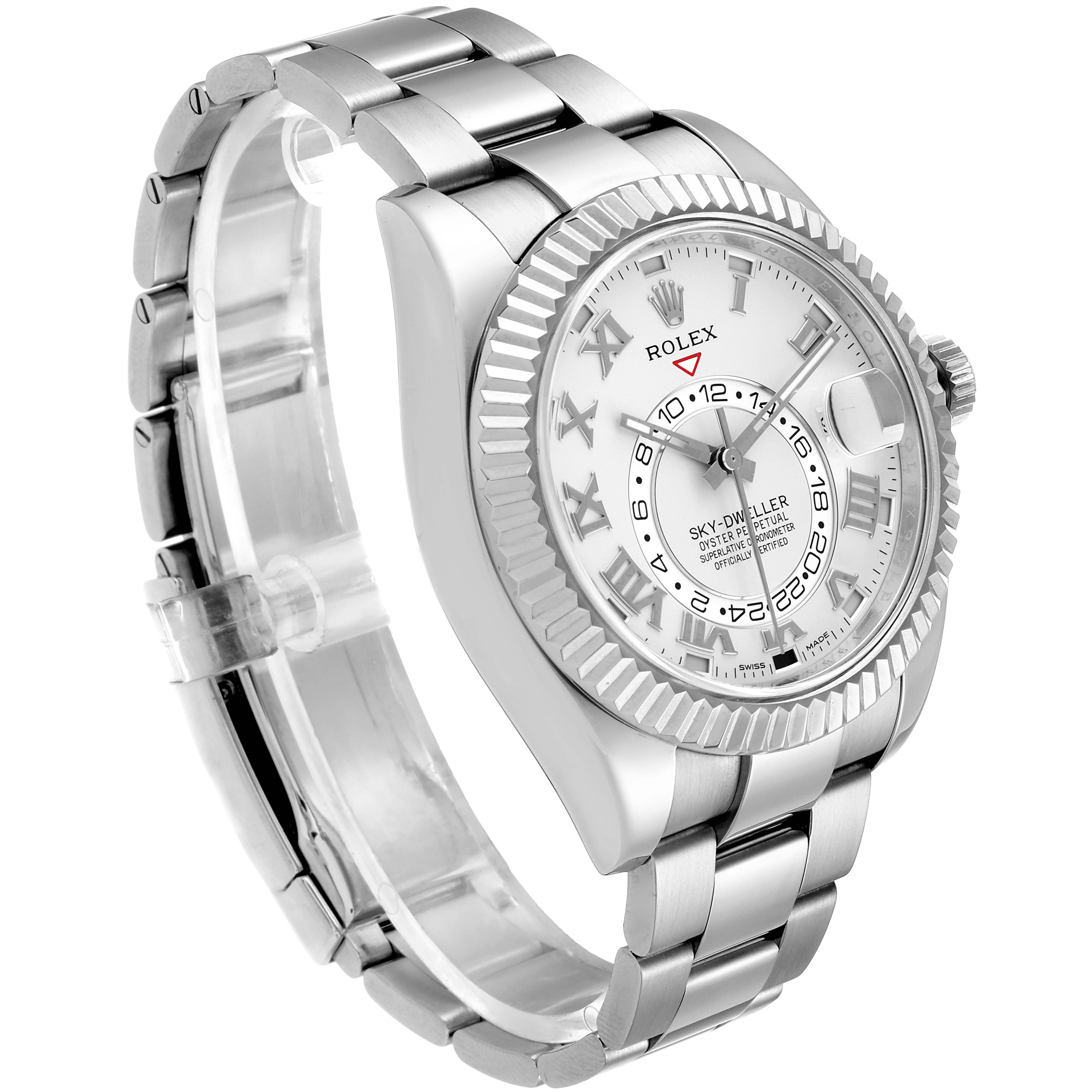 This image shows a side angle of the Rolex Sky-Dweller 326939 Men's White Gold White Dial 326939 Men's White Gold White Dial watch, highlighting the dial, bezel, and bracelet.
