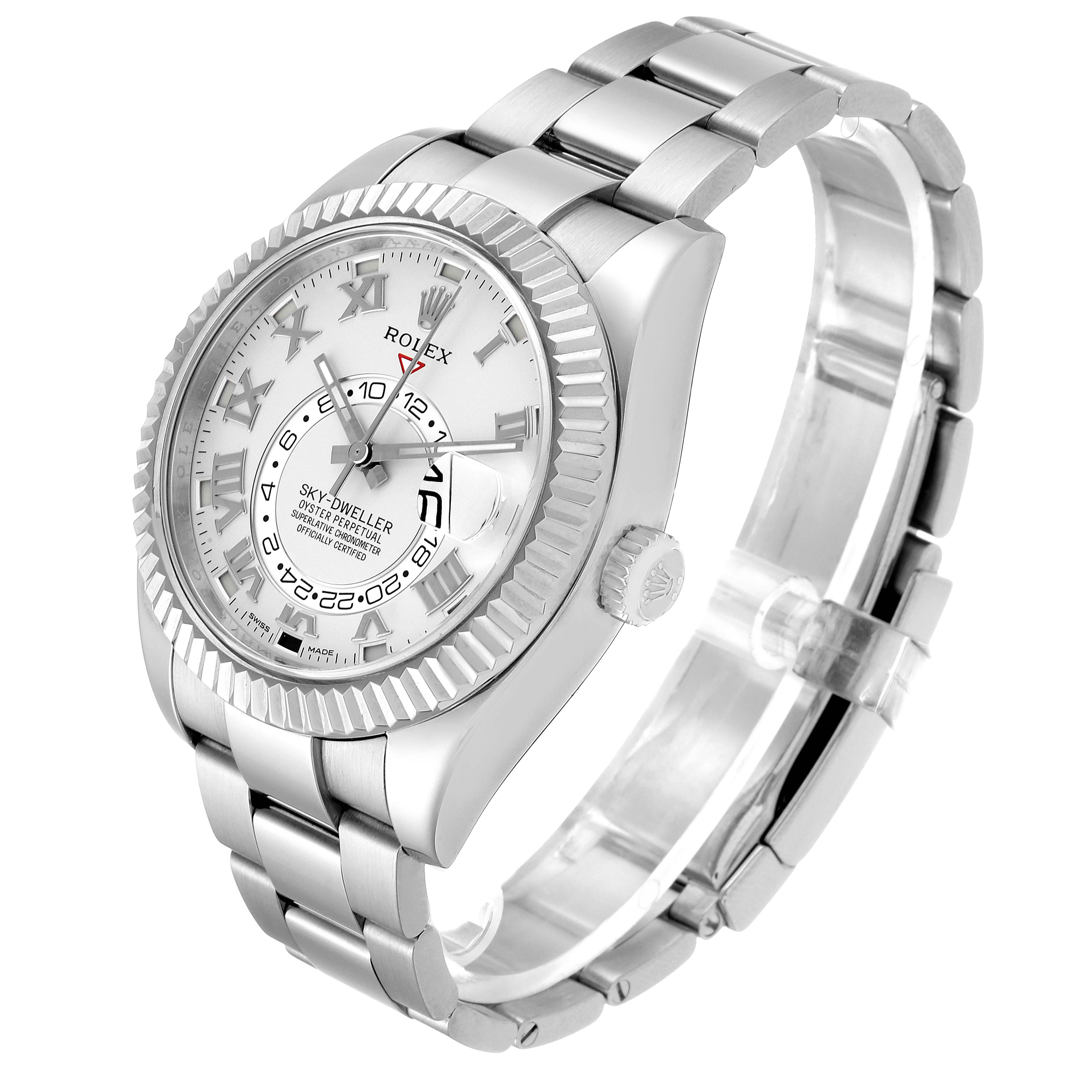 The Rolex Sky-Dweller 326939 Men's White Gold White Dial 326939 Men's White Gold White Dial watch is shown at a side angle, highlighting the dial, bezel, bracelet, and crown.