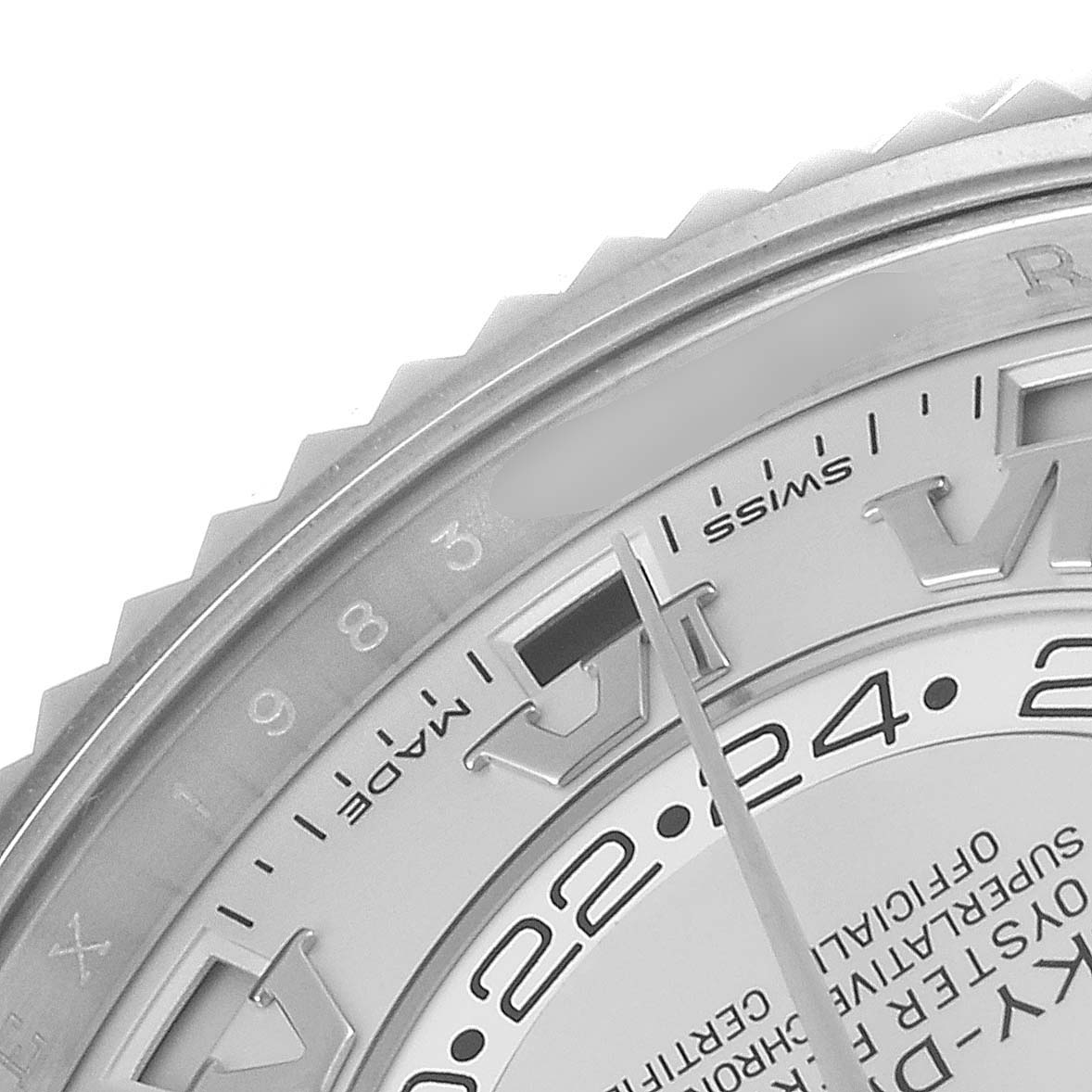 The image shows a close-up of the dial and bezel of the Rolex Sky-Dweller 326939 Men's White Gold White Dial 326939 Men's White Gold White Dial watch.