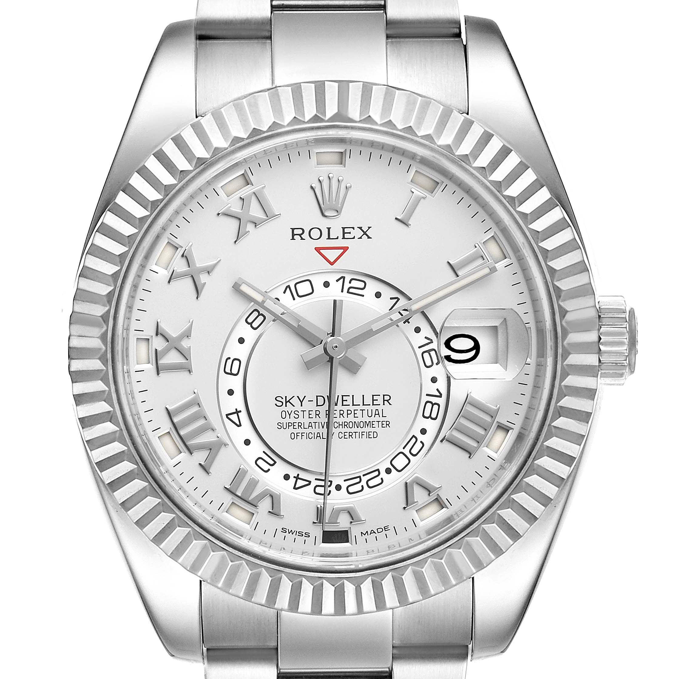 This image shows a front view of the Rolex Sky-Dweller 326939 Men's White Gold White Dial 326939 Men's White Gold White Dial watch, displaying the face, crown, and bracelet.