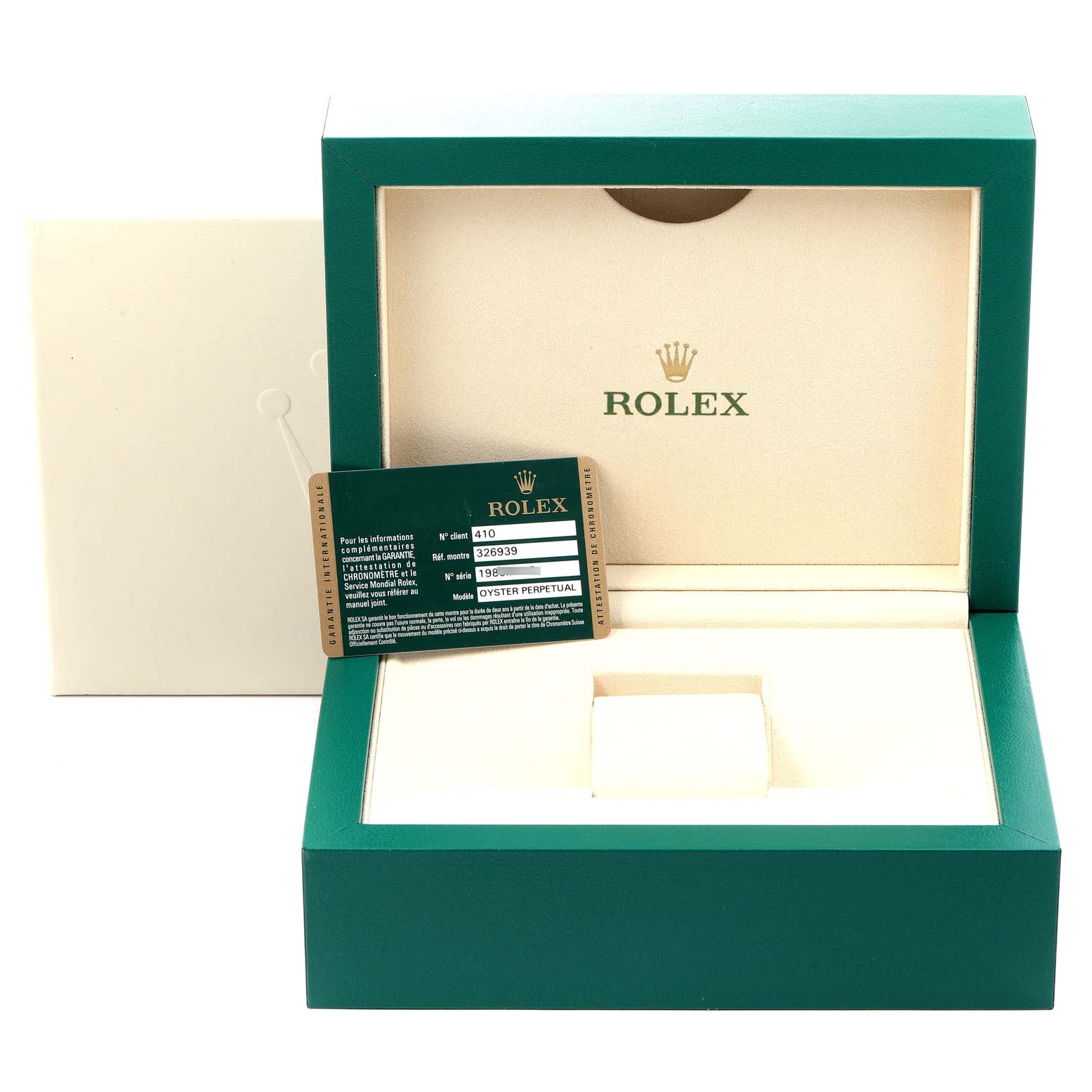 The image shows the packaging box and warranty card for the Rolex Sky-Dweller 326939 Men's White Gold White Dial 326939 Men's White Gold White Dial model, viewed from the front.
