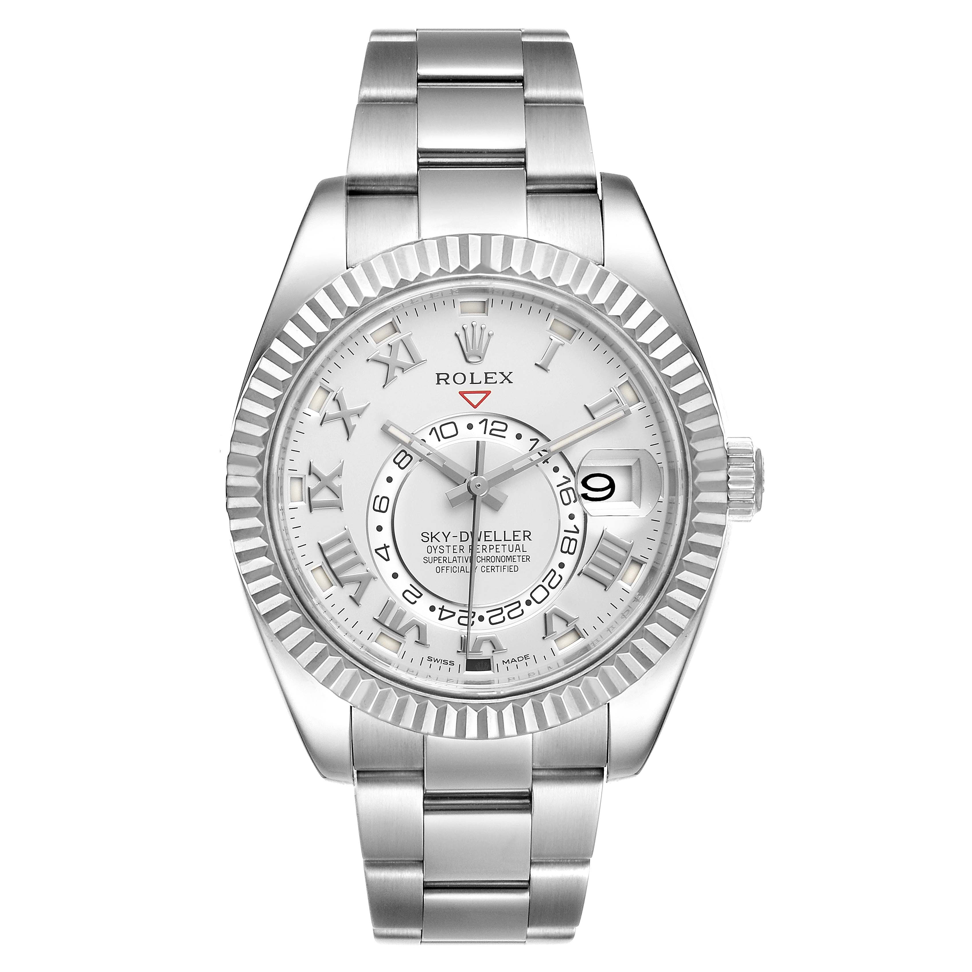 This Rolex Sky-Dweller 326939 Men's White Gold White Dial 326939 Men's White Gold White Dial watch is shown from a straight-on angle, highlighting its dial, bezel, crown, and bracelet.