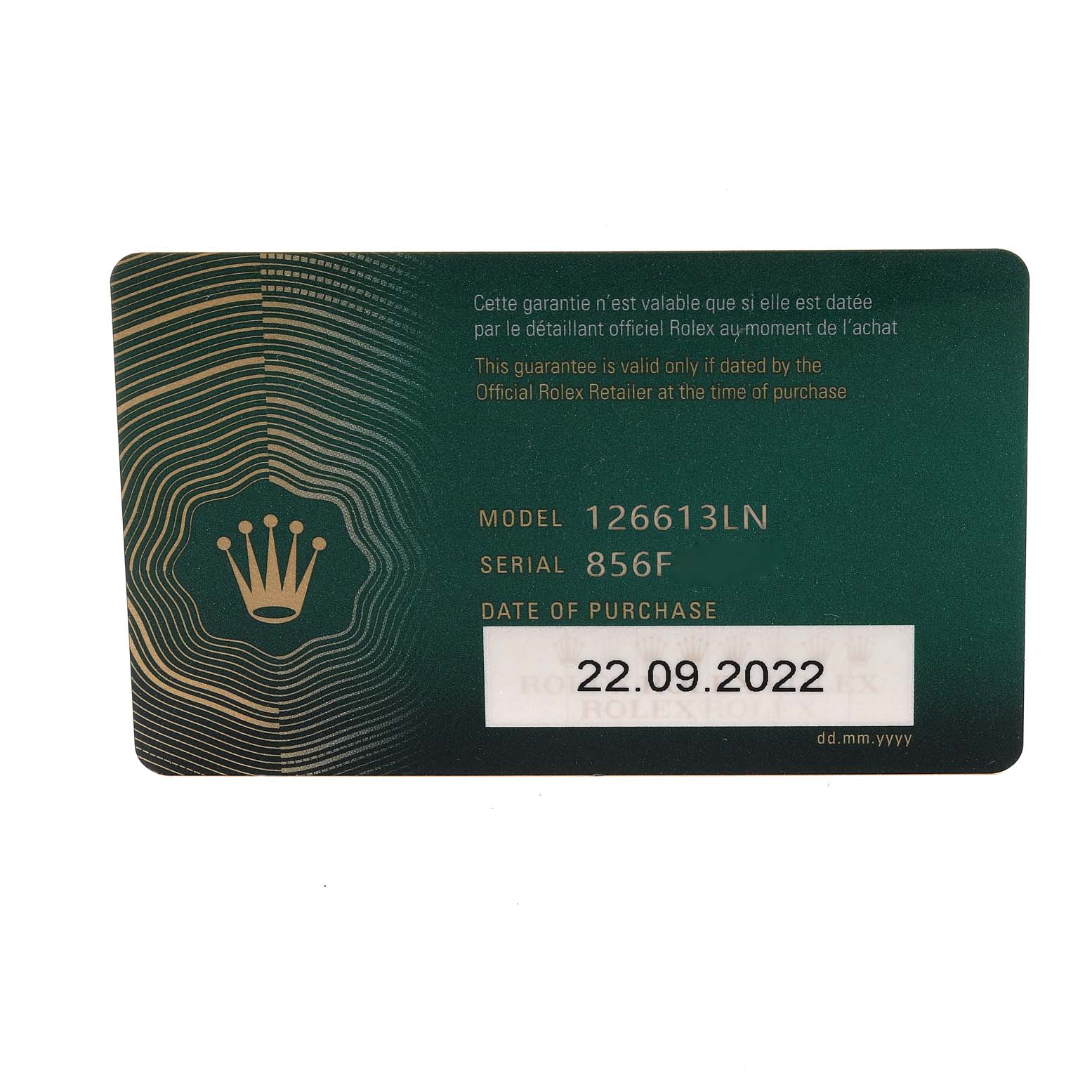 This image shows the warranty card for a Rolex Submariner 126613 Men's Steel and Gold (two tone) Black Dial 126613 Men's Steel and Gold (two tone) Black Dial model 126613LN, including the model number, serial number, and purchase date.