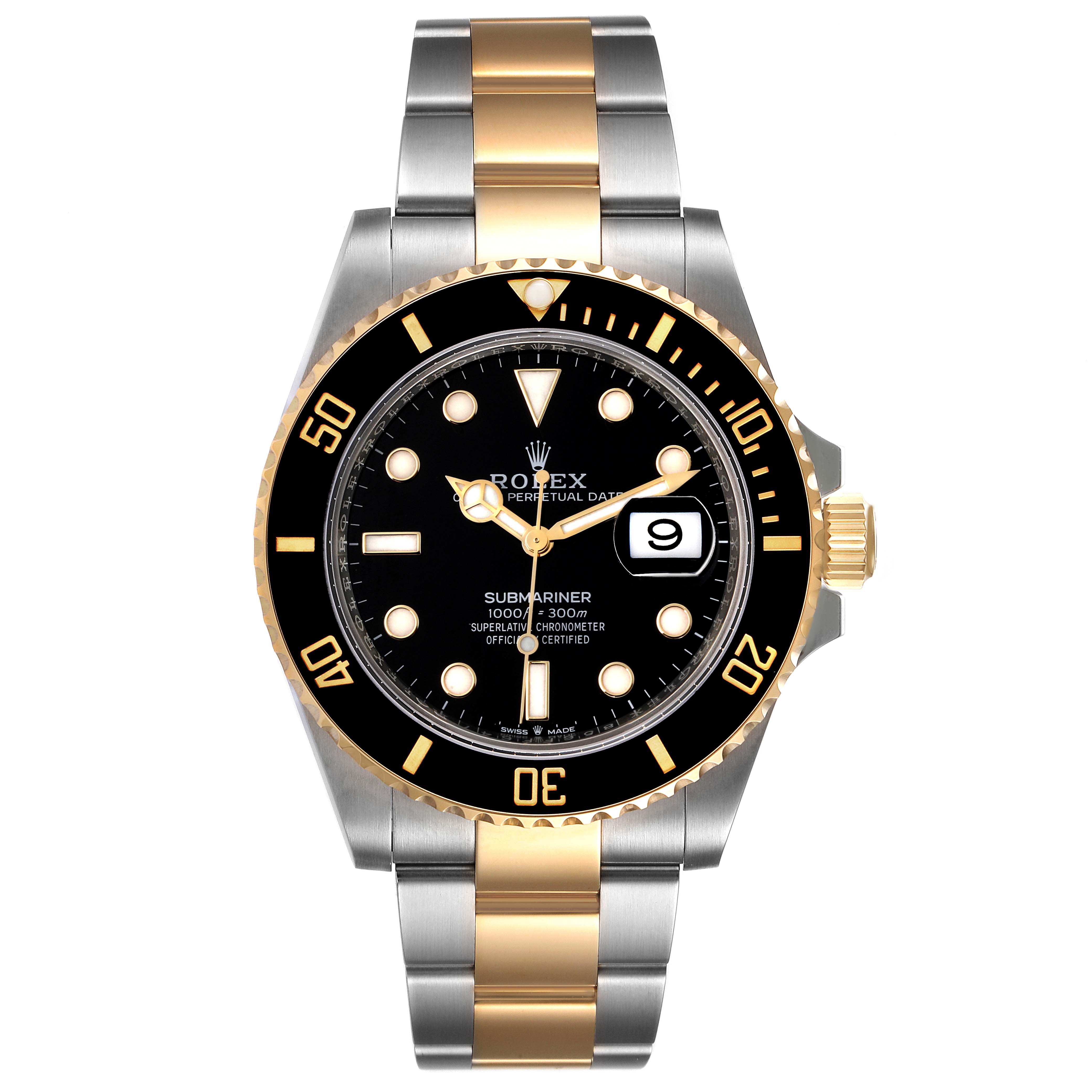 The image shows a front view of the Rolex Submariner 126613 Men's Steel and Gold (two tone) Black Dial 126613 Men's Steel and Gold (two tone) Black Dial, displaying the dial, bezel, and bracelet.