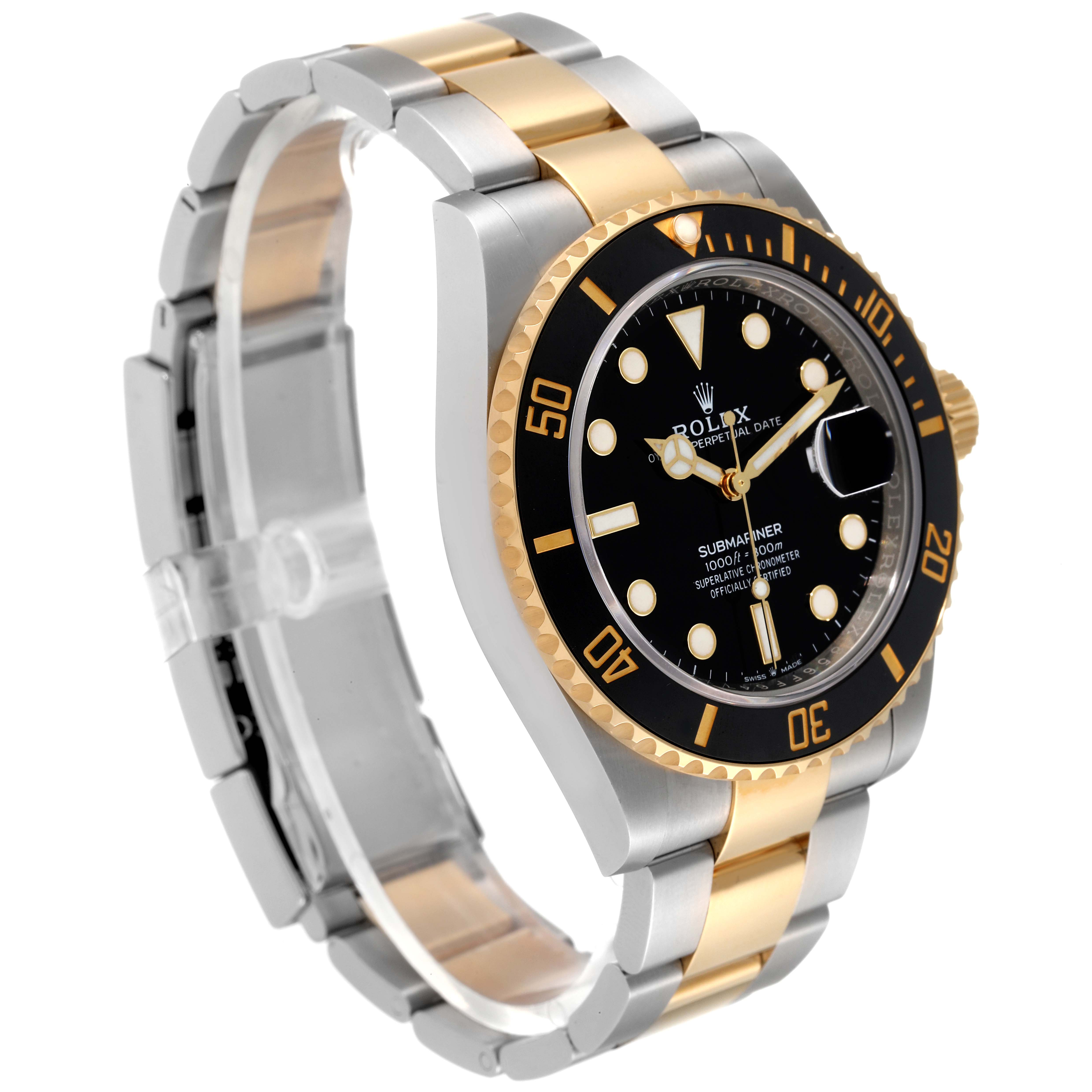 The image displays a Rolex Submariner 126613 Men's Steel and Gold (two tone) Black Dial 126613 Men's Steel and Gold (two tone) Black Dial watch at an angle showcasing its black dial, bezel, and two-tone metal bracelet.