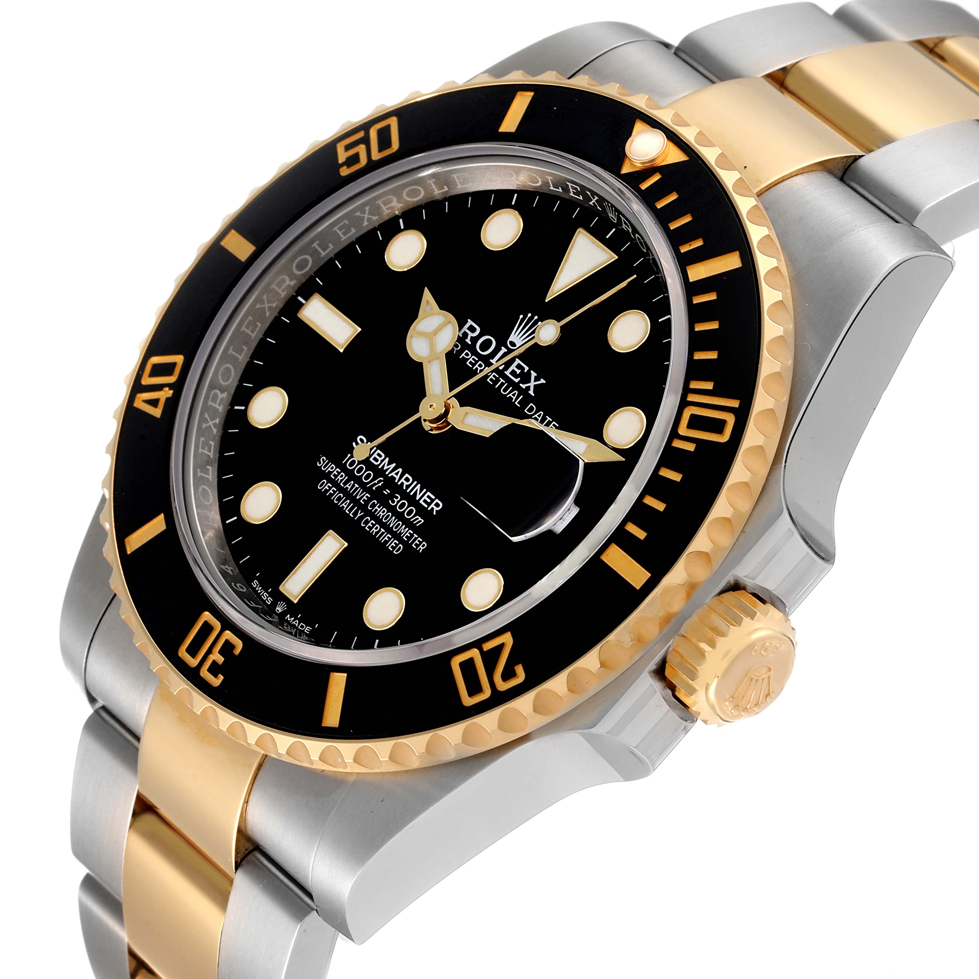 This image shows a Rolex Submariner 126613 Men's Steel and Gold (two tone) Black Dial 126613 Men's Steel and Gold (two tone) Black Dial model from an angled front view, highlighting the bezel, dial, crown, and bracelet.
