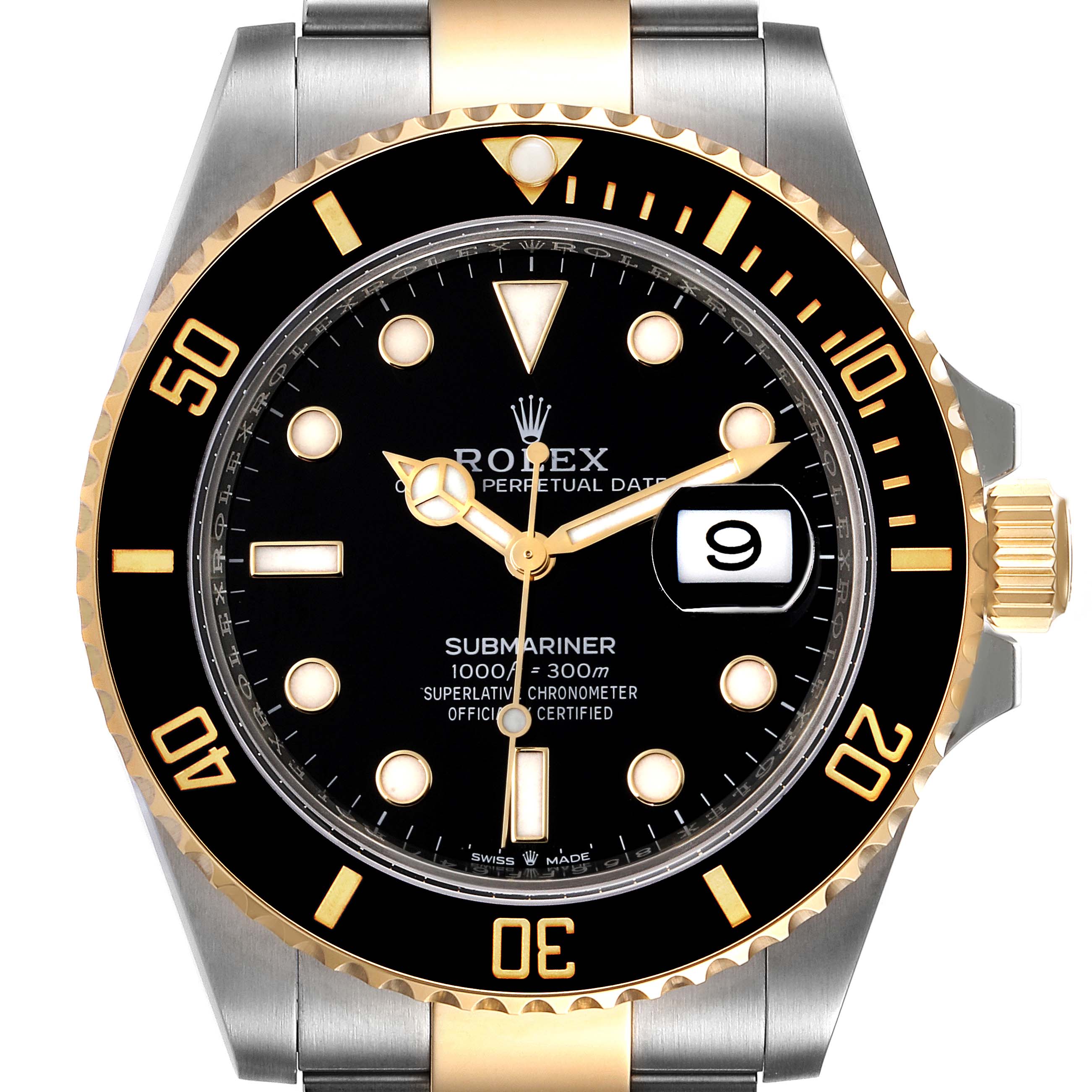 The image shows a Rolex Submariner 126613 Men's Steel and Gold (two tone) Black Dial 126613 Men's Steel and Gold (two tone) Black Dial watch from a frontal angle, displaying its black dial, bezel, and two-tone bracelet.