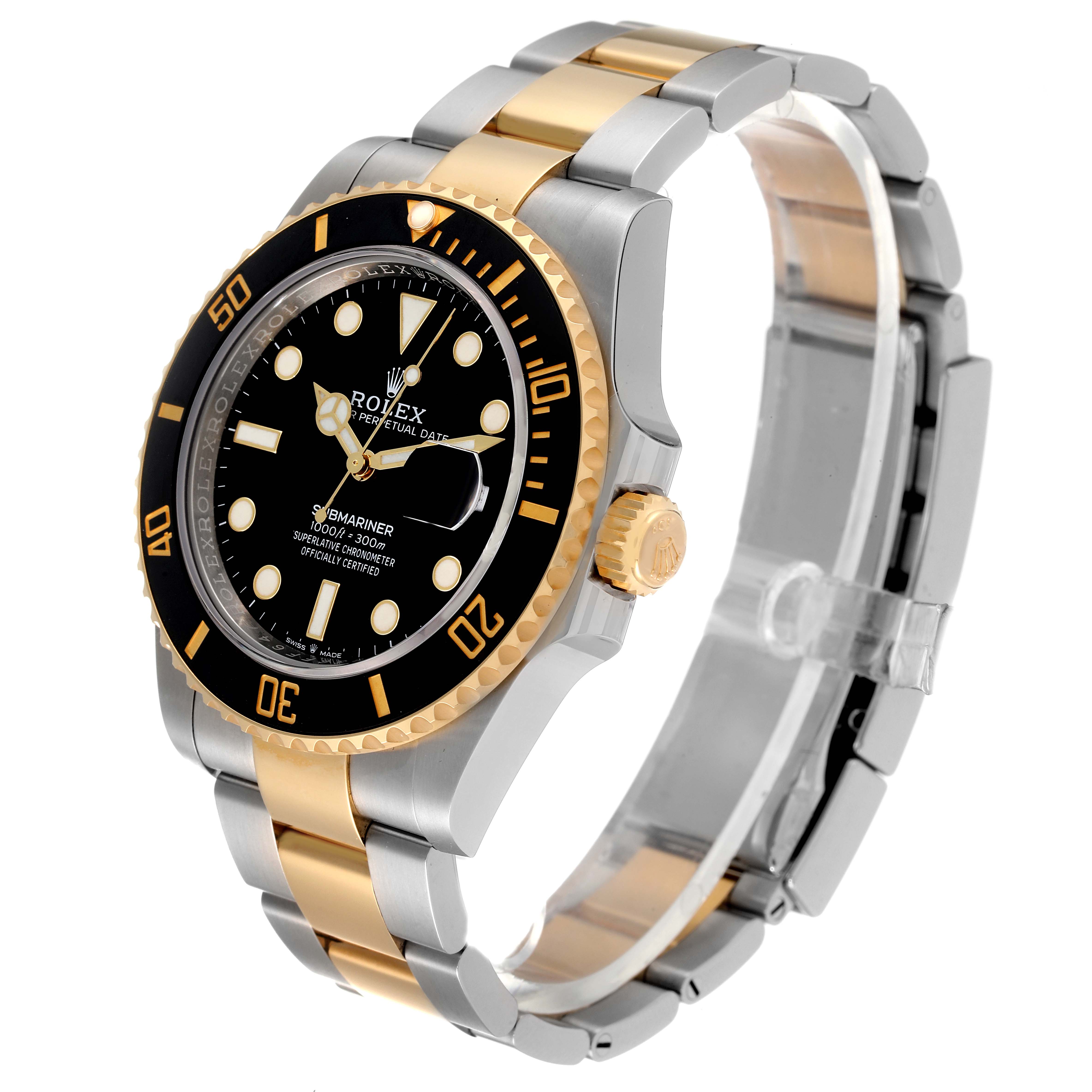 The image shows a Rolex Submariner 126613 Men's Steel and Gold (two tone) Black Dial 126613 Men's Steel and Gold (two tone) Black Dial watch at a side angle, highlighting its black dial, gold bezel, and two-tone metal bracelet.