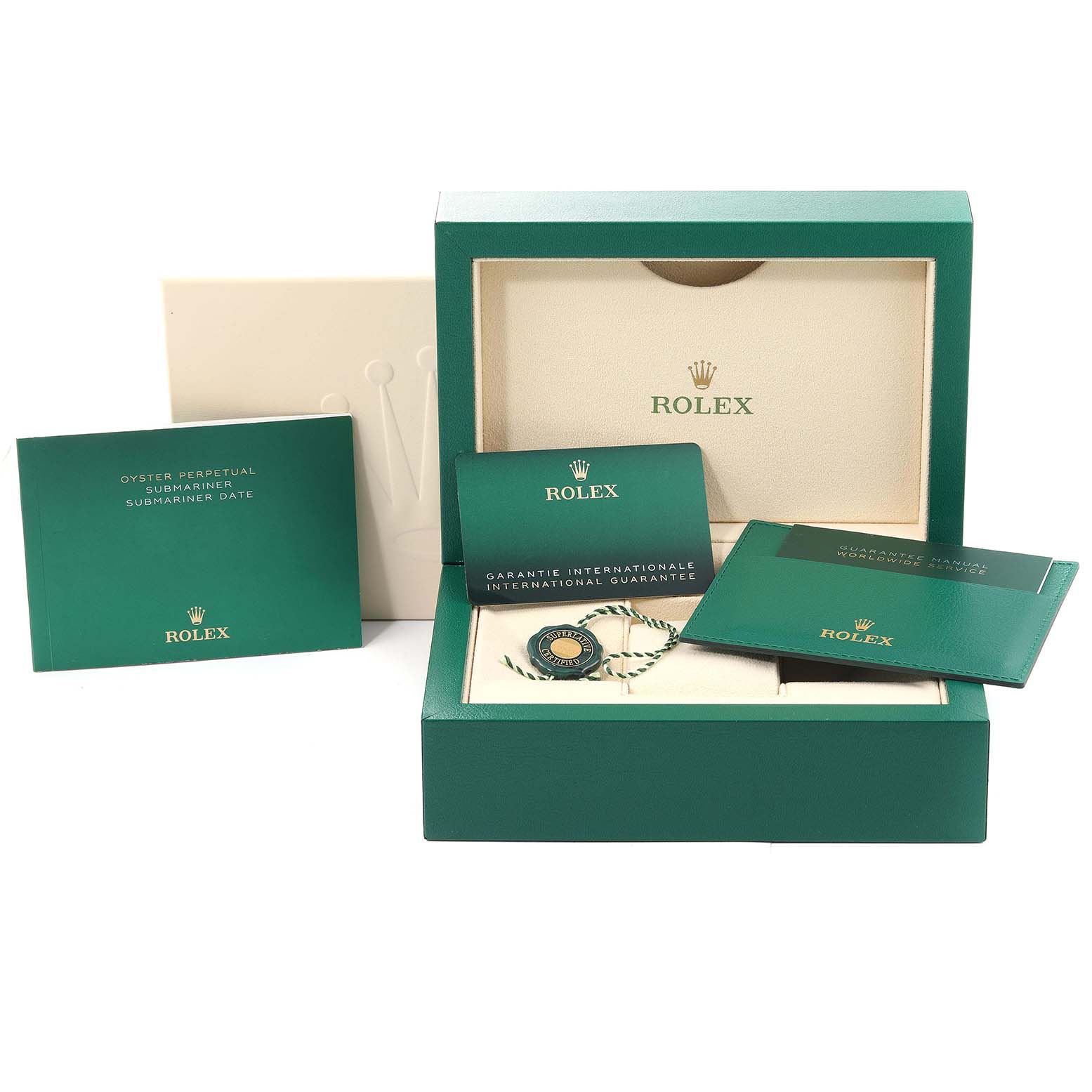 The image shows the packaging, warranty booklets, and tags for a Rolex Submariner 126613 Men's Steel and Gold (two tone) Blue Dial 126613 Men's Steel and Gold (two tone) Blue Dial watch.